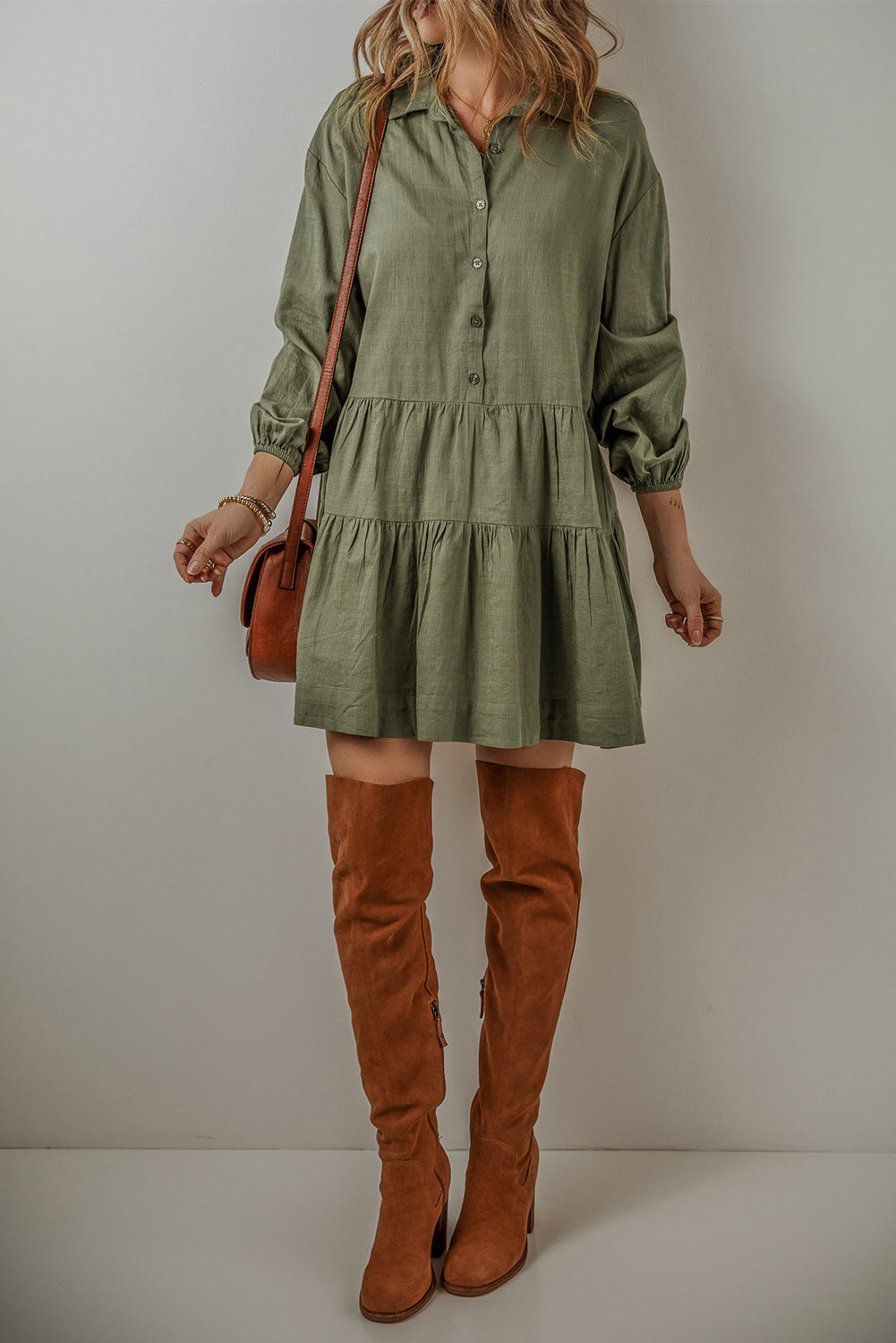Jungle Green Puff Sleeve Buttoned Tiered Pleated Shirt Mini Dress - loveforevers