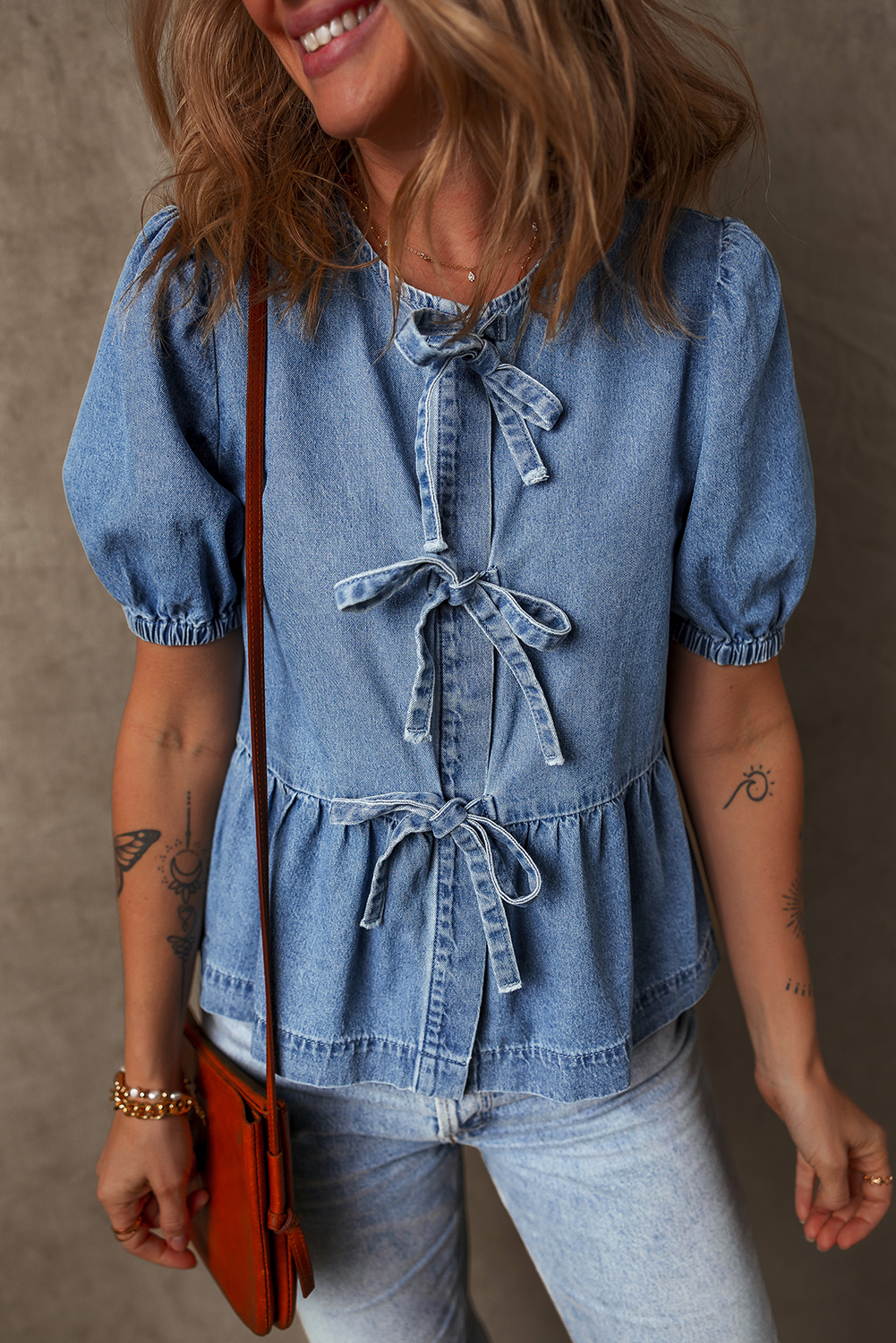 Dusk Blue Tied Front Bubble Sleeve Peplum Denim Shirt - loveforevers