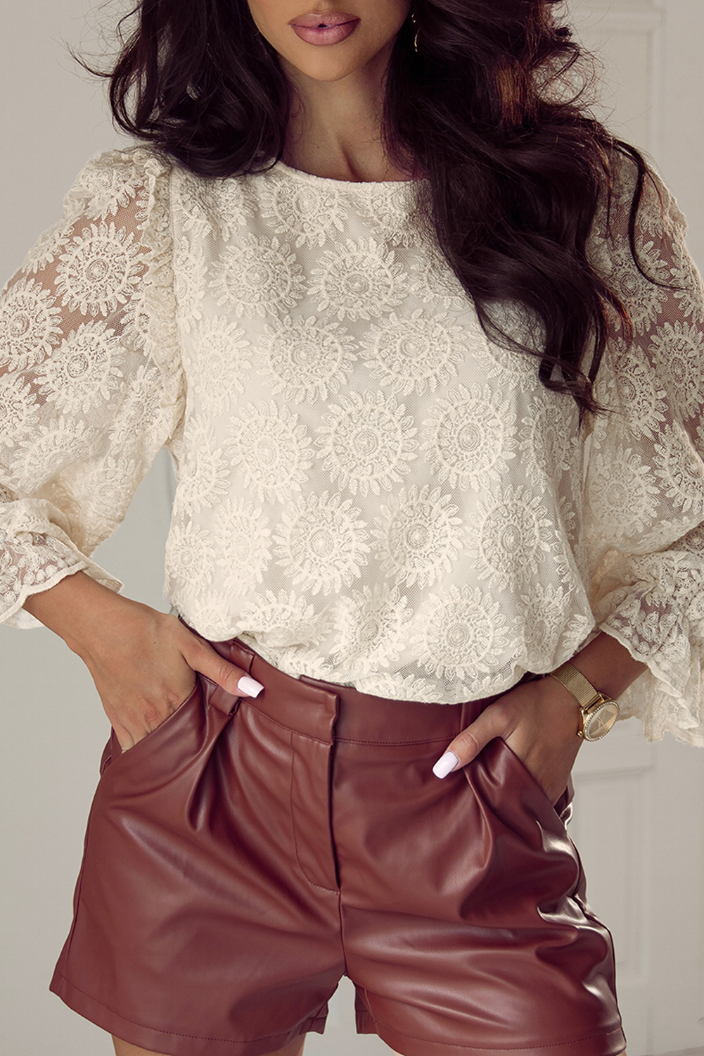 Oatmeal Flower Jacquard Button Back Ruffled 3/4 Sleeve Blouse - loveforevers