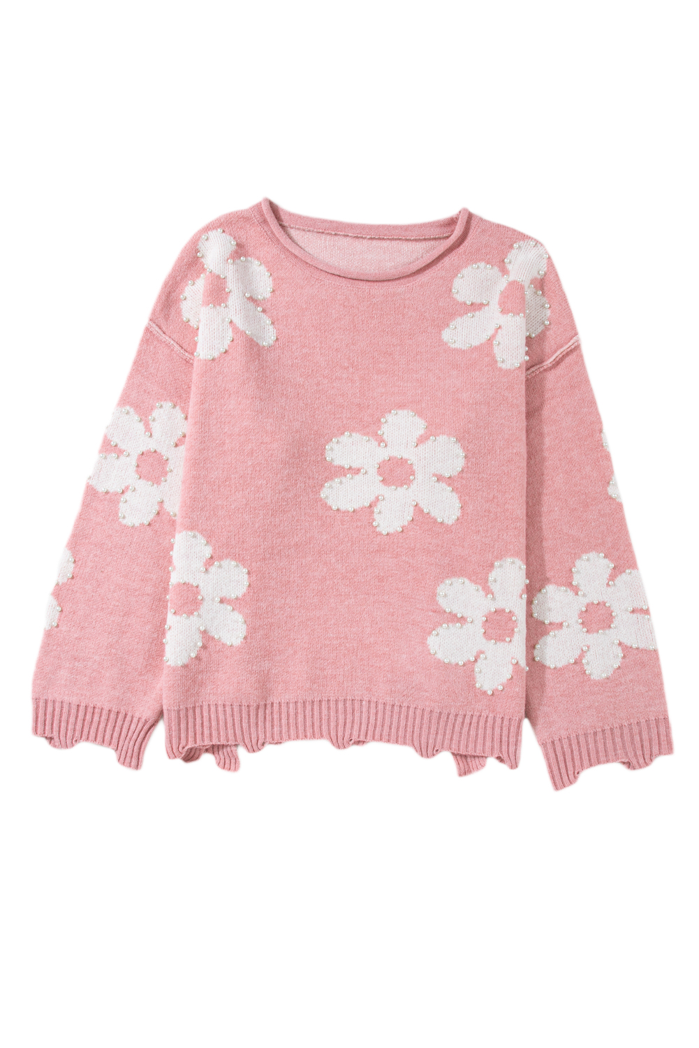 Bonbon Pearl Beaded Heart Drop Shoulder Sweater - loveforevers