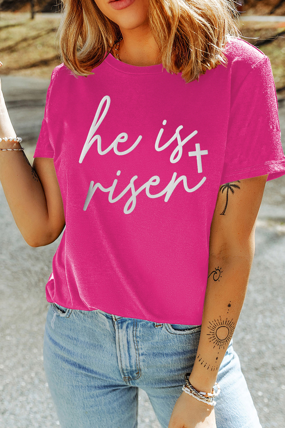 Rose Red Glitter he is risen Cross Printed Crewneck Tee - loveforevers