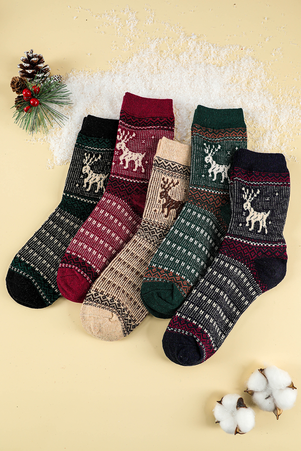 Blackish Green 5 Pairs/Set Christmas Reindeer Soft Crew Socks - loveforevers
