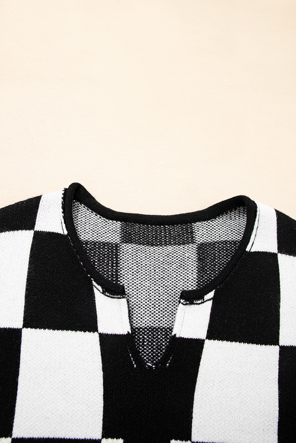 Black Checked Notched Neckline Drop Shoulder Knit Sweater - loveforevers