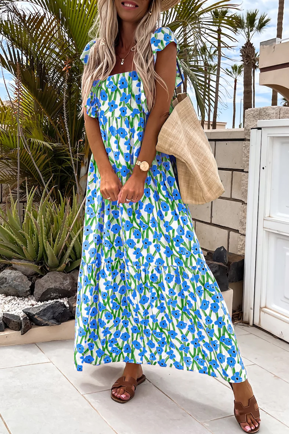 Blue Floral Print Square Neck Ruffled Strap Maxi Dress - loveforevers