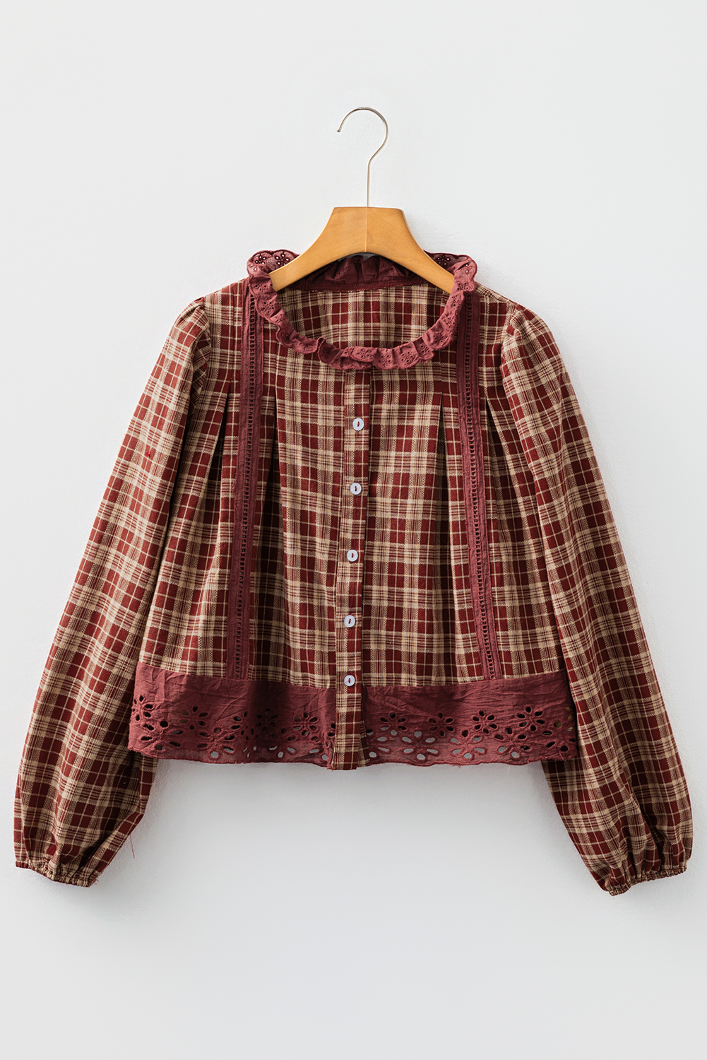 Red Dahlia Plaid Eyelet Lace Trim Button Down Loose Long Sleeve Shirt - loveforevers