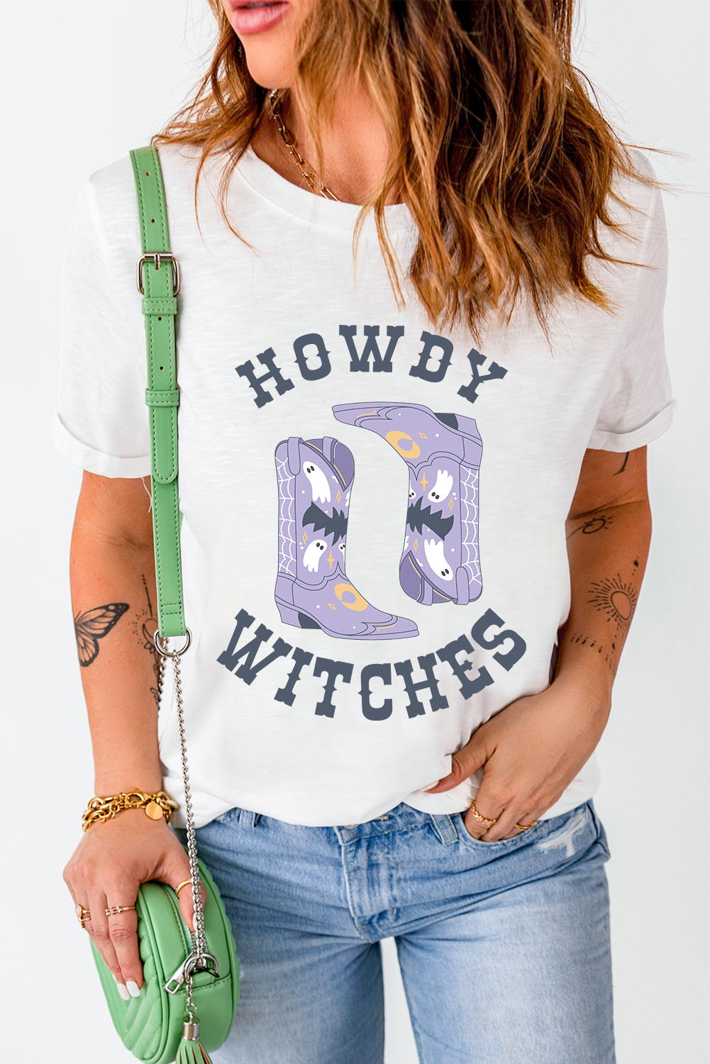 White HOWDY WITCHES Halloween Boots Crewneck T Shirt - loveforevers