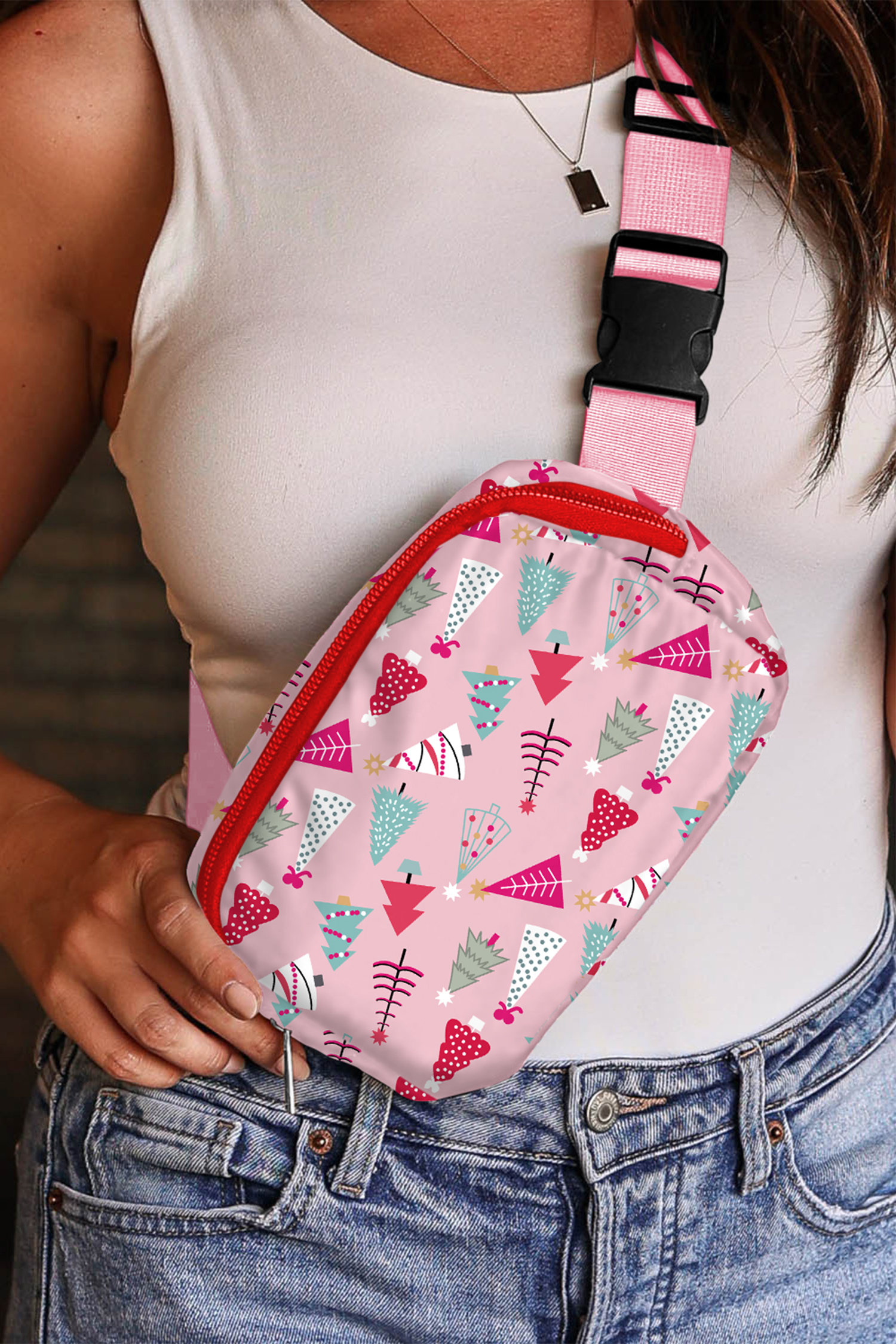 Pink Christmas Tree Print Buckle Wide Strap Sling Bag - loveforevers