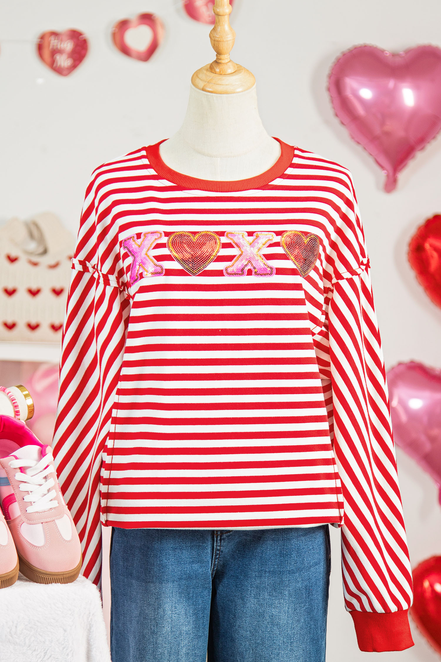 Red Stripe XOXO Sequin Heart Patched Valentines Day Long Sleeve Top - loveforevers