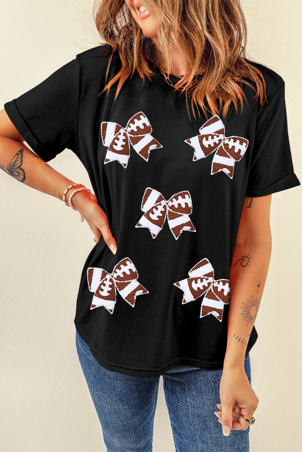 Black Rugby Football Bowknot Pattern Game Day T Shirt - loveforevers