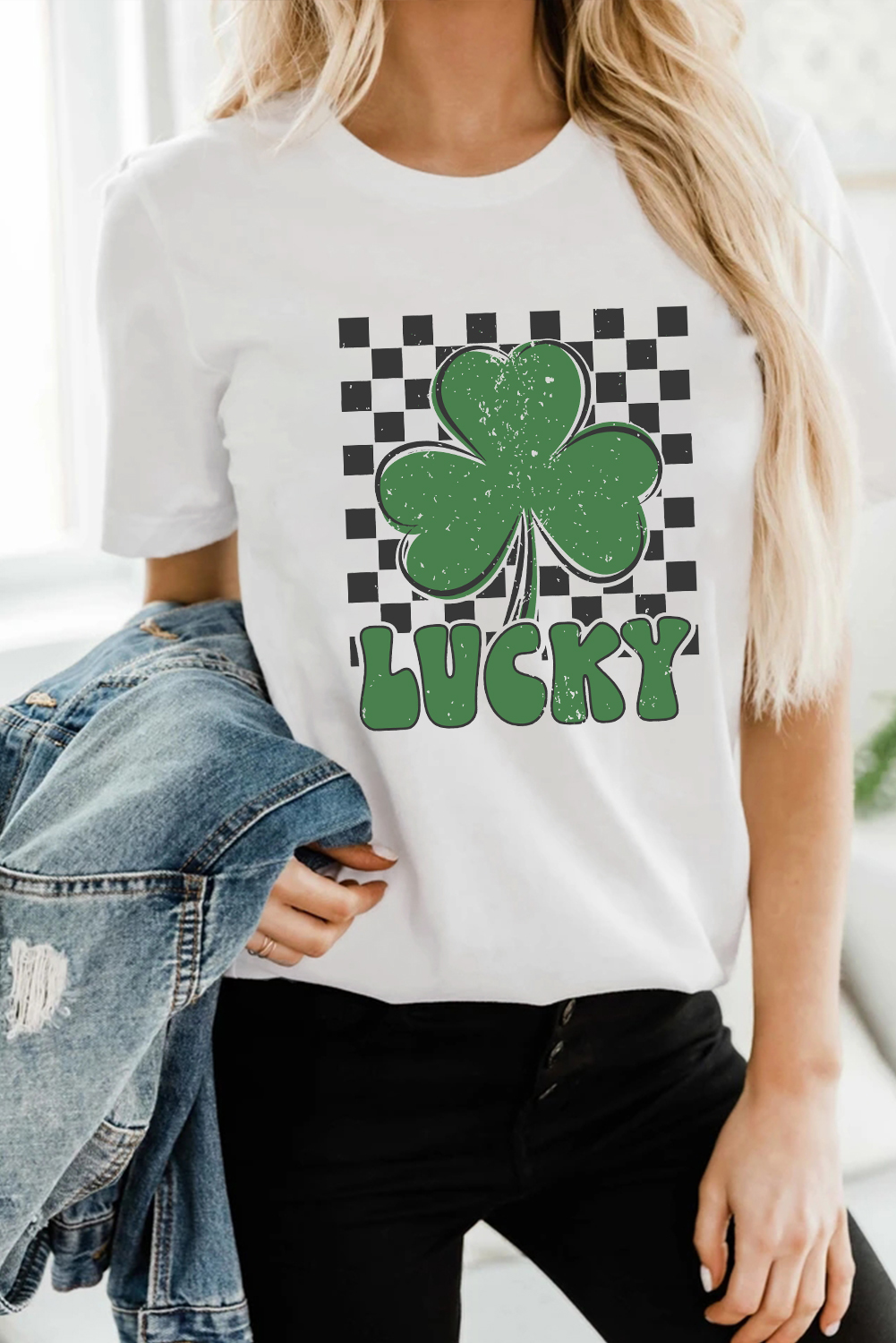 White Checker LUCKY Clover Printed St Patricks T Shirt - loveforevers