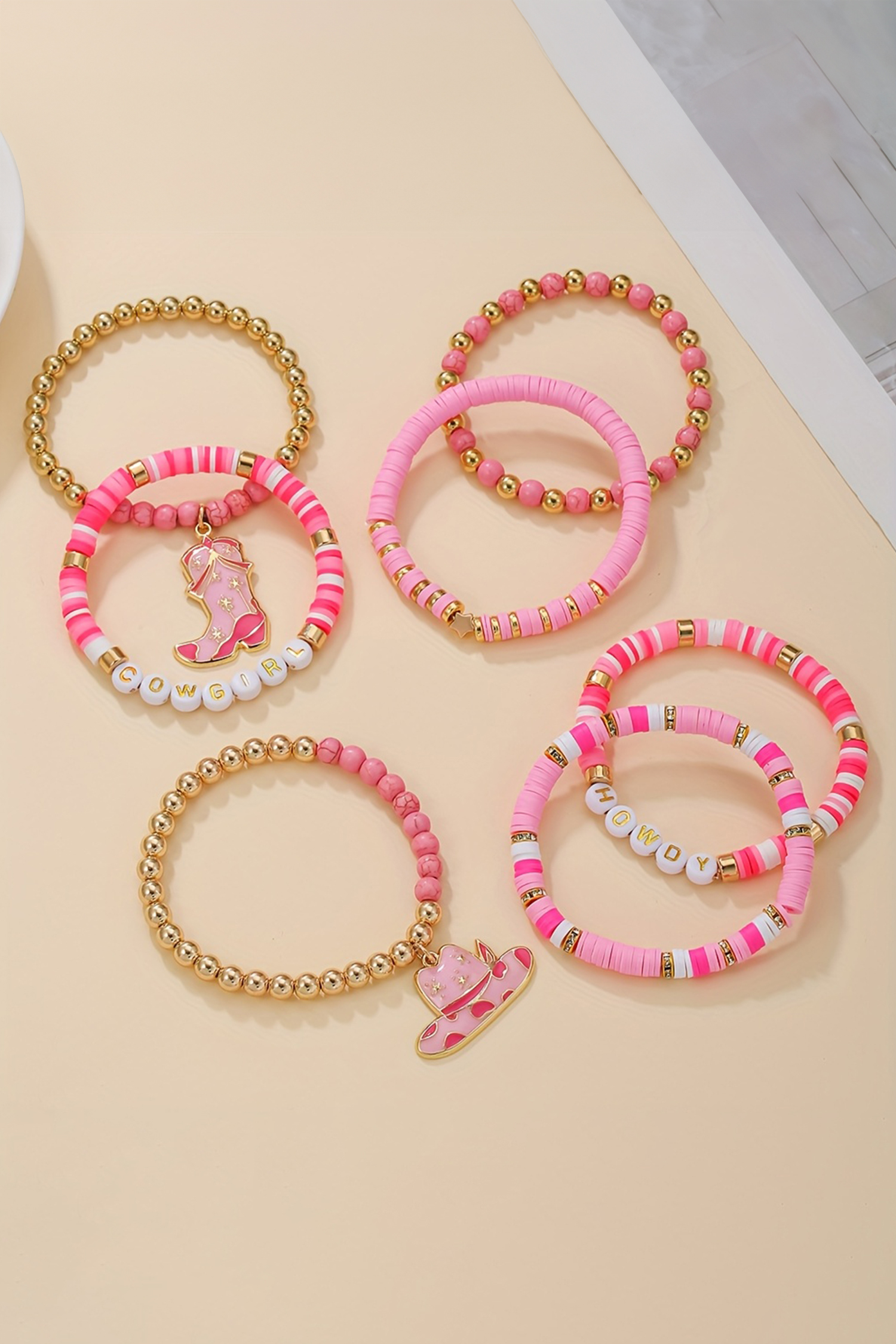 Pink 7pcs HOWDY COWGIRL Hat Boot Beaded Stretch Bracelet Set - loveforevers
