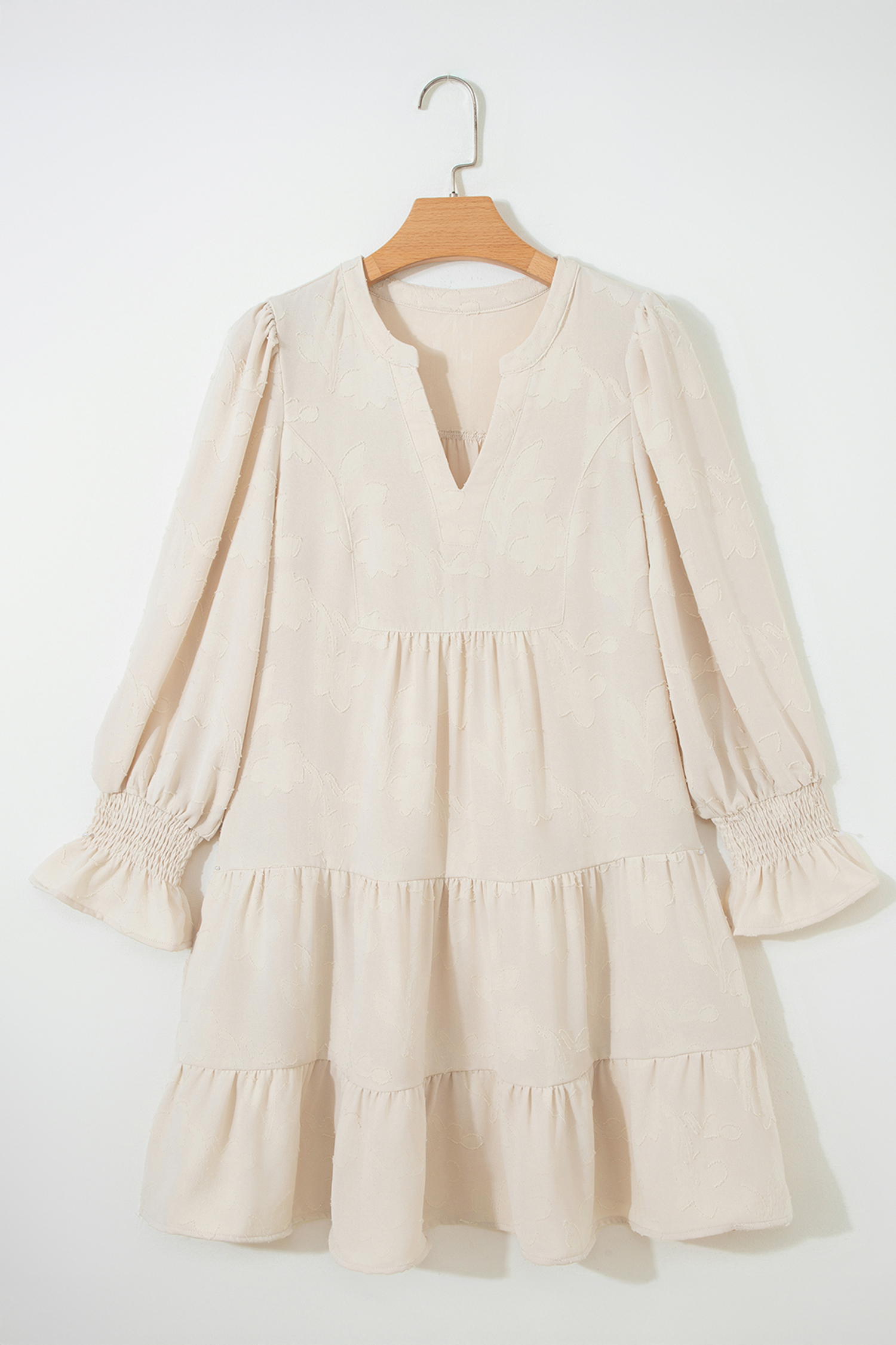 Parchment Long Sleeve Notched Neck Jacquard Tiered Mini Dress - loveforevers