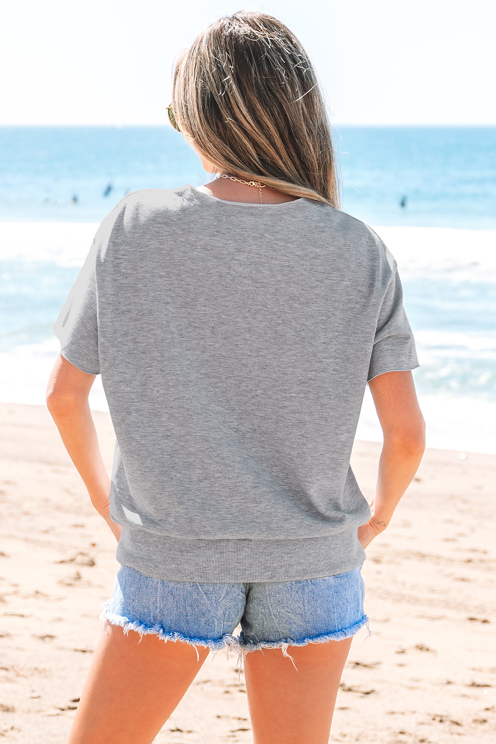 Light Grey USA Lettering Patch Notched Neck Loose Tee - loveforevers