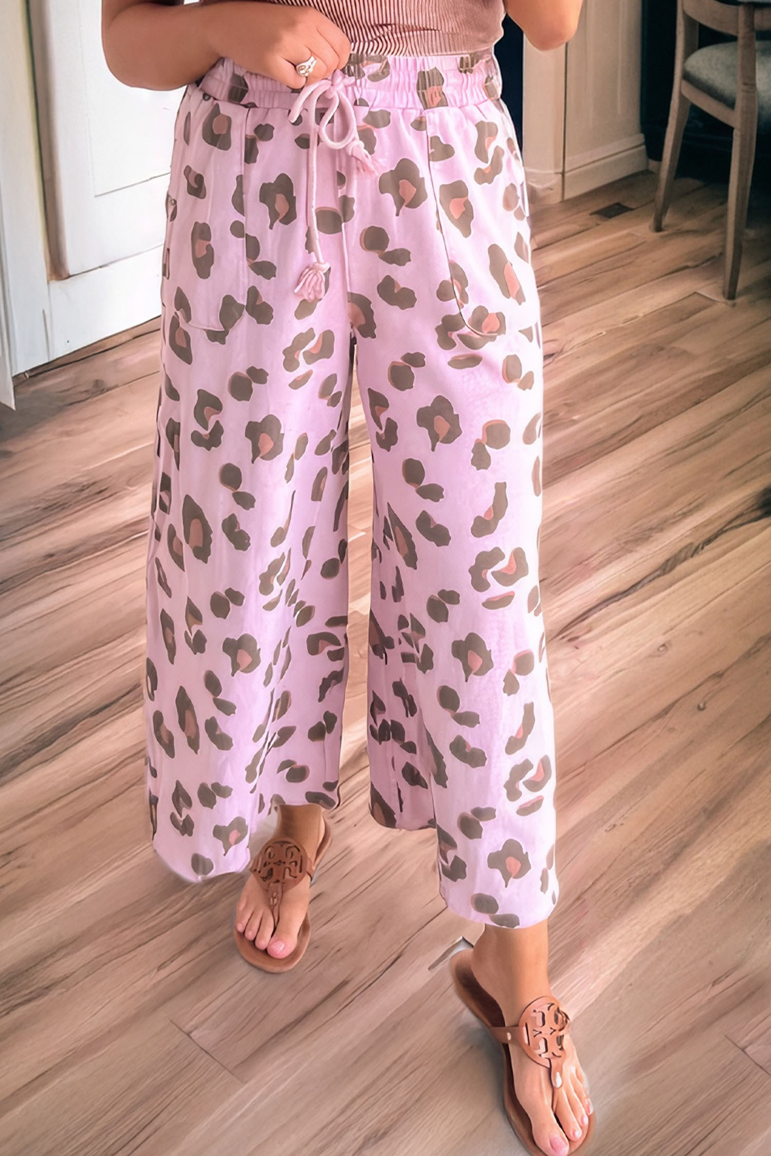 Beige Drawstring Leopard Print Patch Pocket Loose Pants - loveforevers