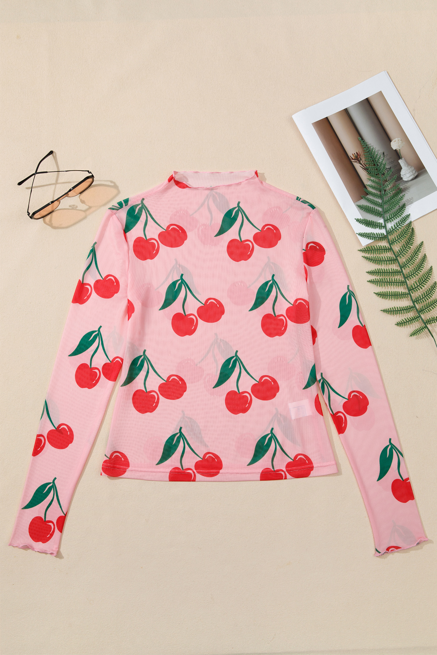 Pink Cherry Print Lettuce Trim Long Sleeve Mesh Top - loveforevers