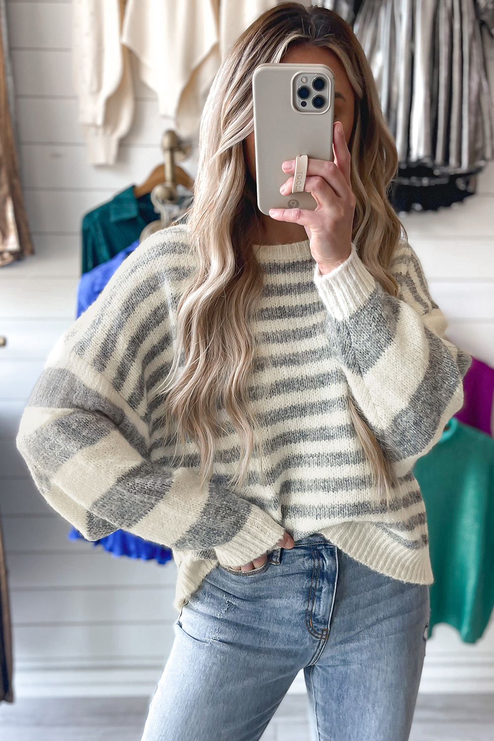 Gray Stripe Drop Shoulder Crew Neck Sweater - loveforevers