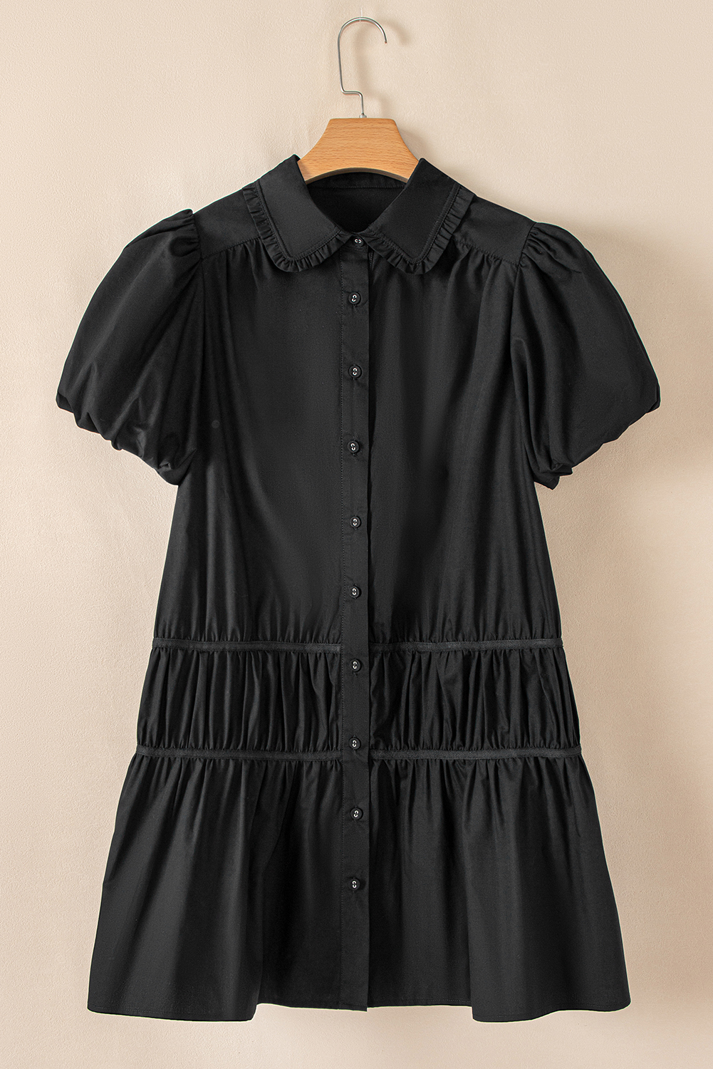 Black Shirt Style Button Down Puff Sleeve Ruffle Hem Dress - loveforevers