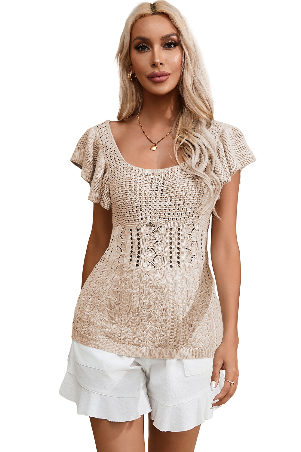 Beige Pointelle Knit Flutter Sleeve Sweater - loveforevers
