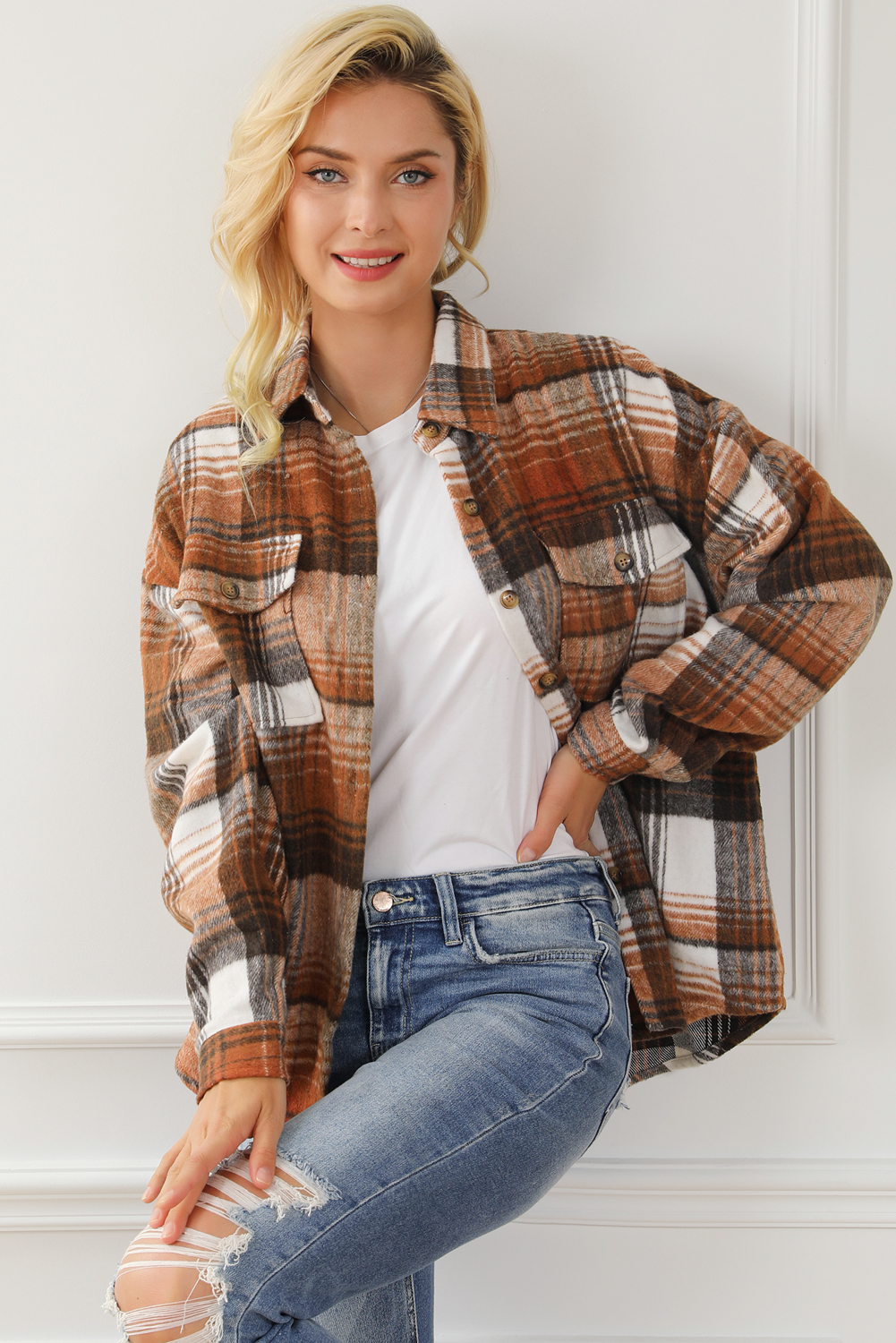 Brown Plaid Flap Pockets Shacket - loveforevers