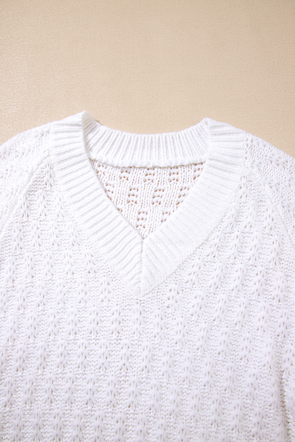 White Textured Knit Ribbed Edge V Neck Loose Sweater - loveforevers