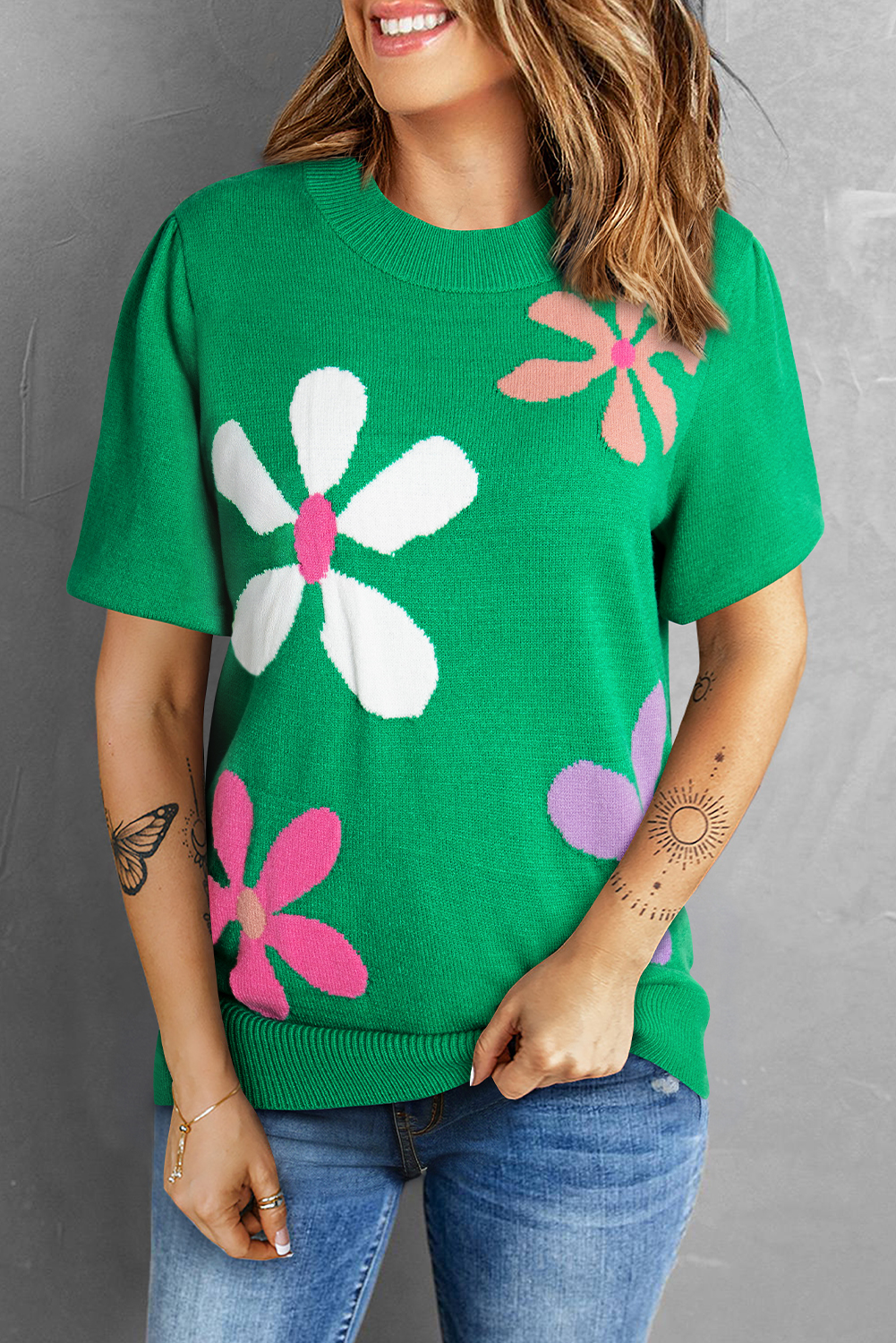 Bright Green Floral Bubble Short Sleeve Sweater - loveforevers