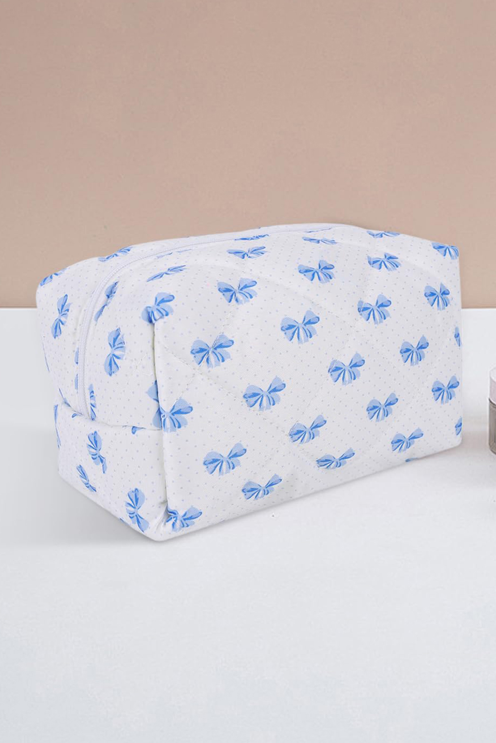 Sky Blue Bow Knot Quilted Zipper Makeup Bag - loveforevers