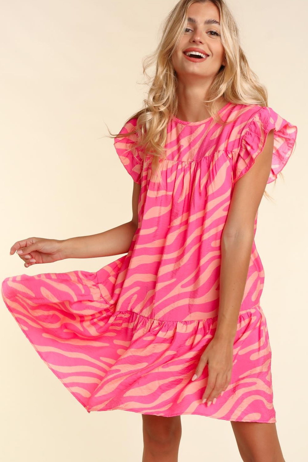 Pink Zebra Stripe Printed Ruffle Trim Pocketed Dress - loveforevers