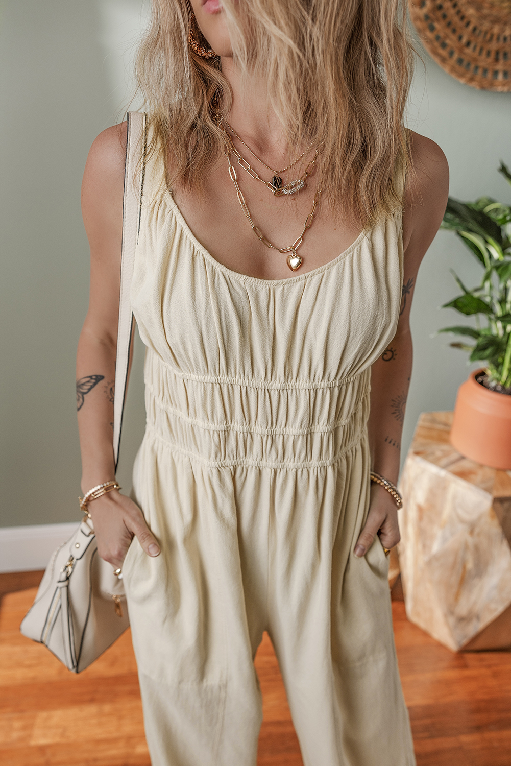 Beige Ruched High Waist Sleeveless Wide Leg Jumpsuit - loveforevers