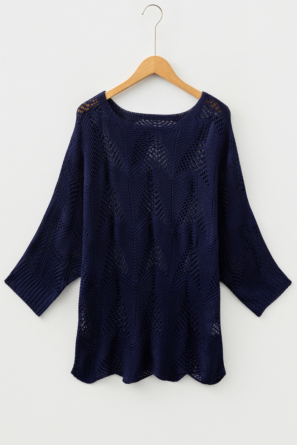 Navy Blue Hollow Out Knit 7/8 Sleeve Casual Sweater - loveforevers