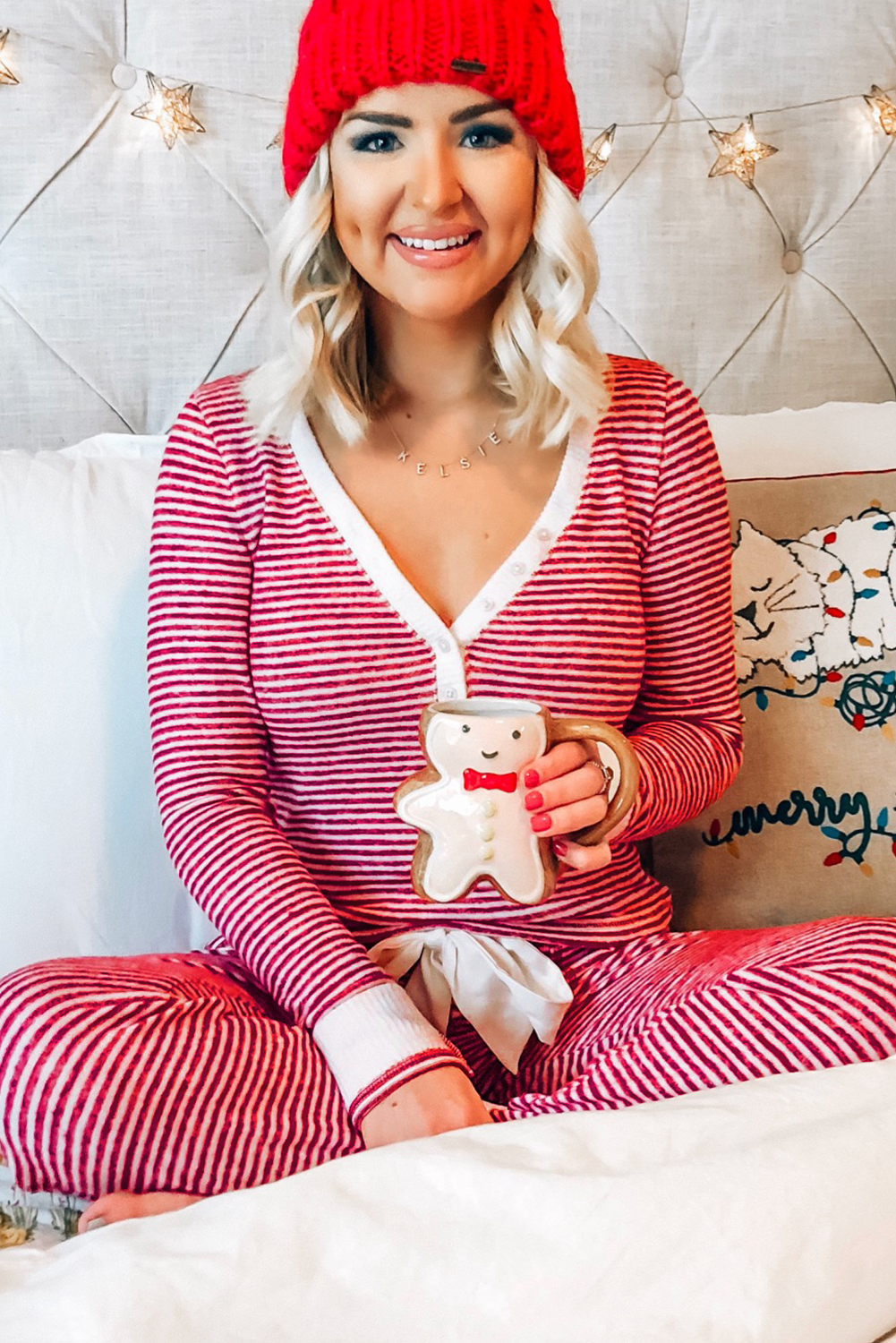 Red Stripe Buttoned V Neck Top and Knotted Waist Pants Lounge Set - loveforevers