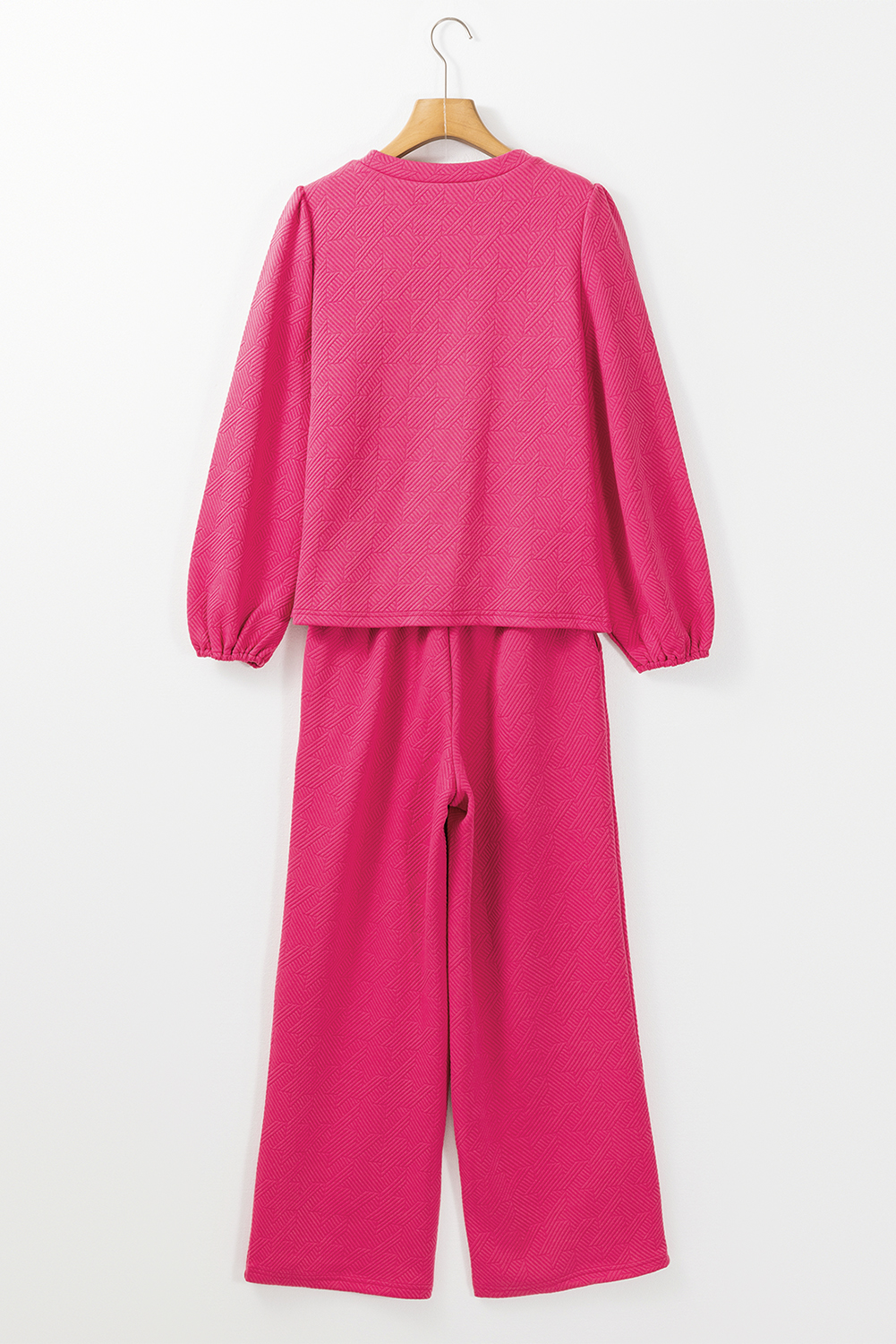 Rose Red Textured Puff Sleeve Top and Pants Set - loveforevers