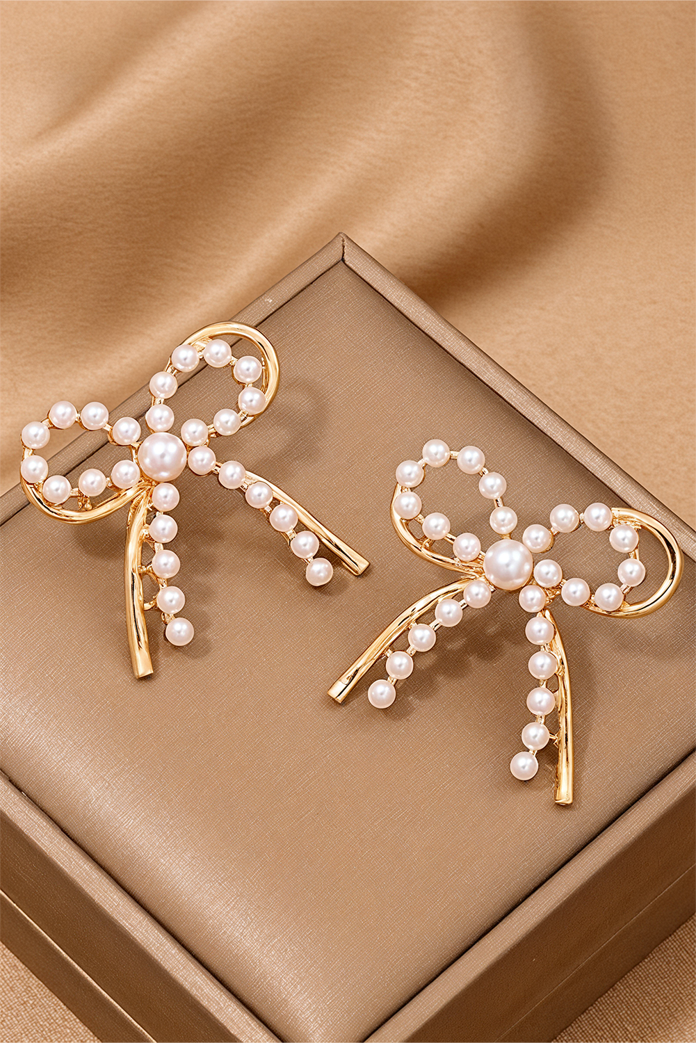 Gold Pearl Embellished Alloy Bow Knot Stud Earrings - loveforevers