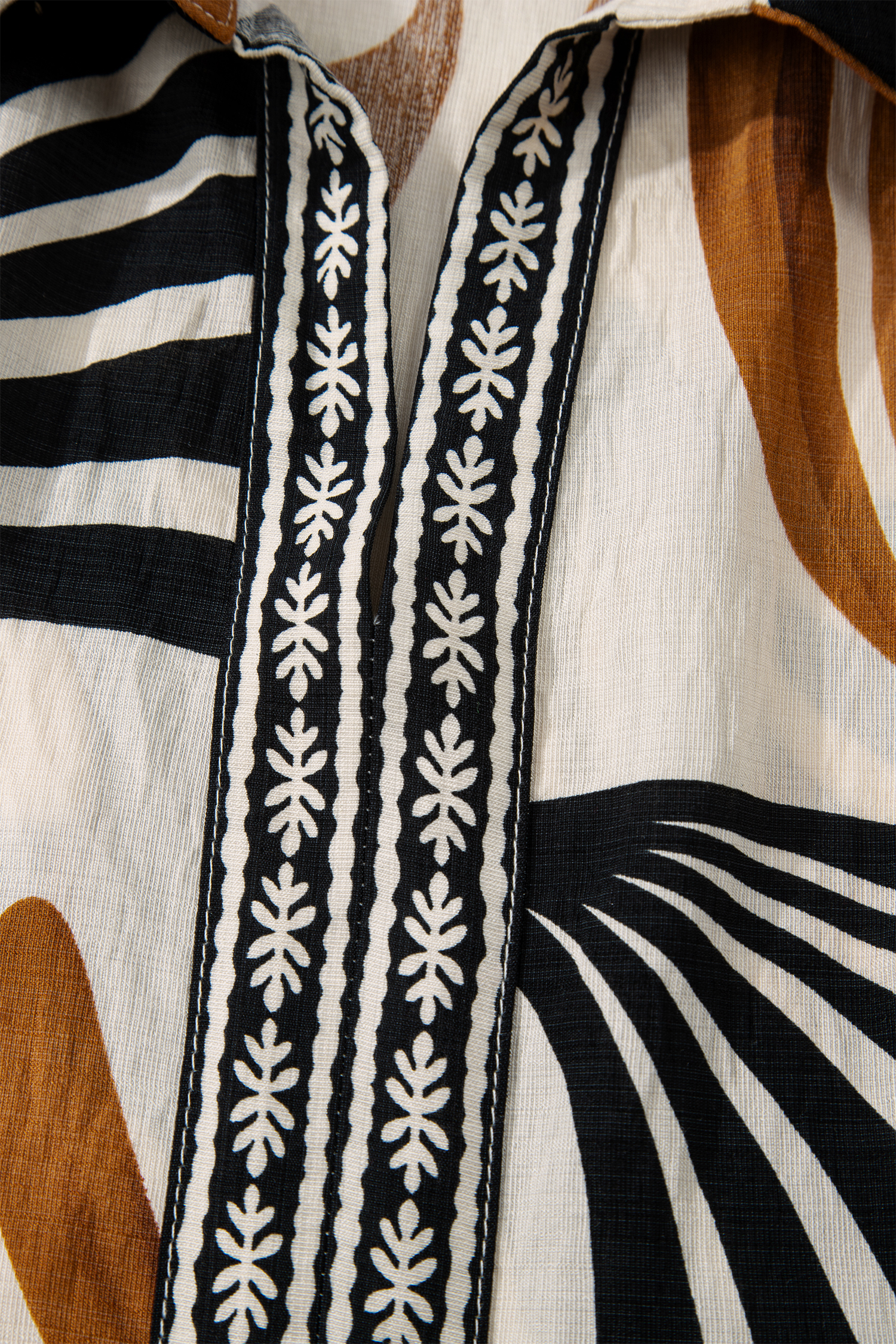 Brown Tropical Printed Contrast Trim Neck Long Sleeve Ruffle Hem Dress - loveforevers