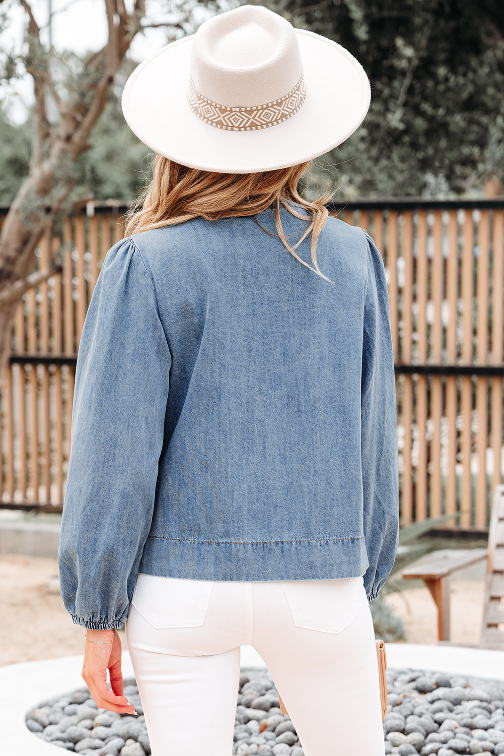 Dusk Blue Tied Front Long Puff Sleeve Denim Top - loveforevers