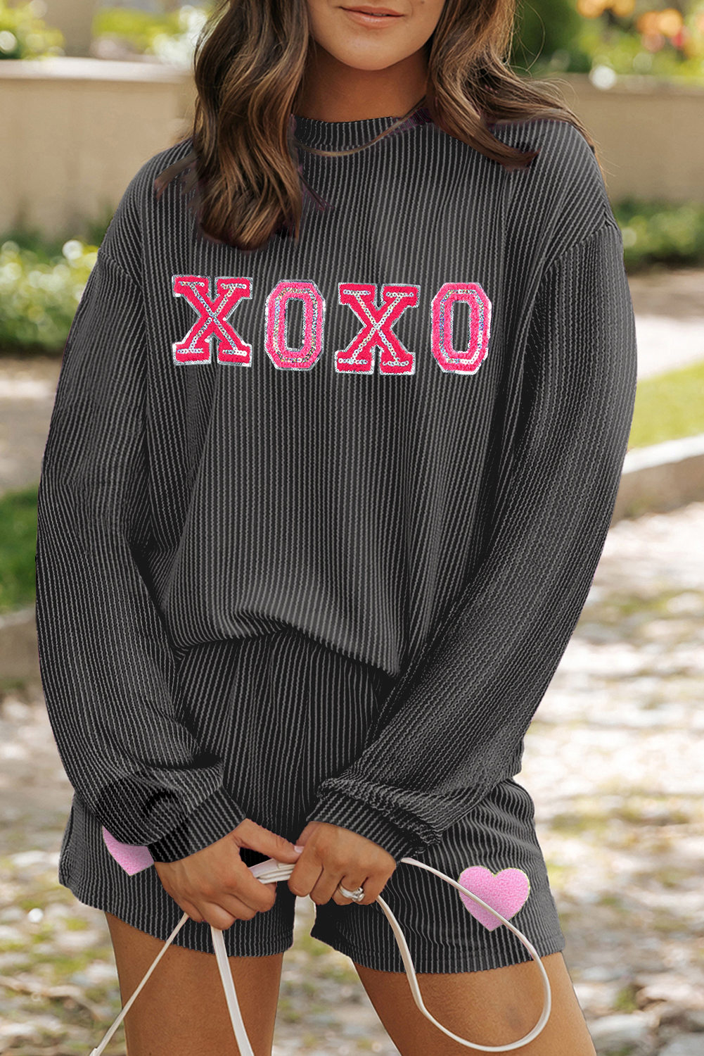 Carbon Grey XOXO Heart Patched Pattern Long Sleeve Corded Shorts Set - loveforevers