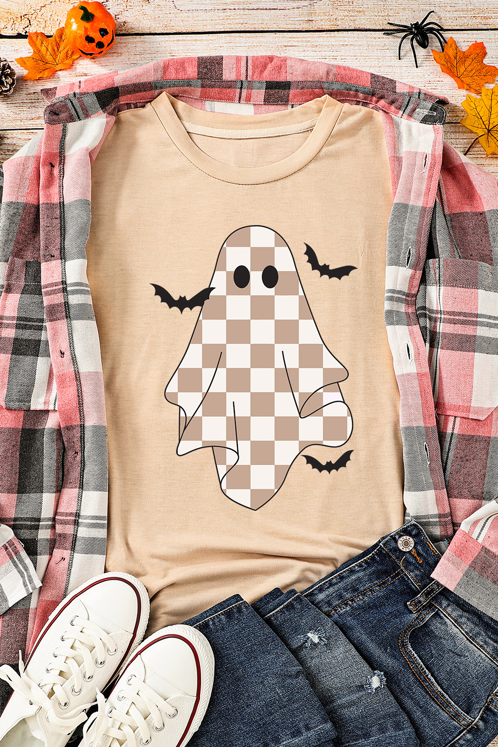 Khaki Ghost Bat Halloween Holiday Graphic Tee - loveforevers