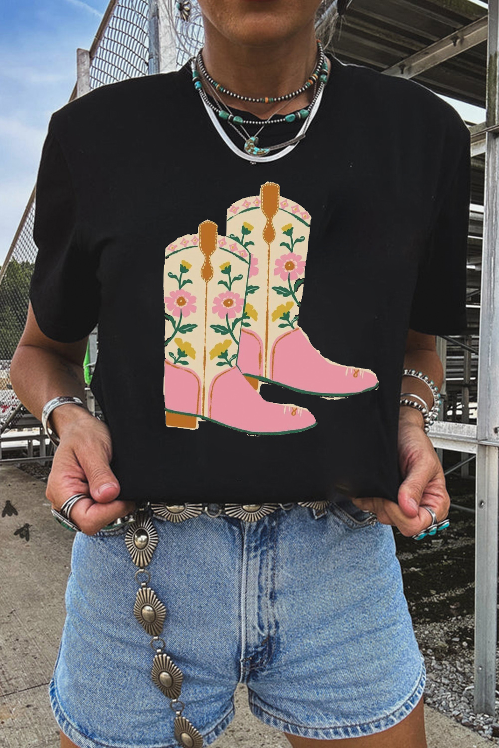 Black Floral Cowgirl Boots Cotton Blend T Shirt - loveforevers