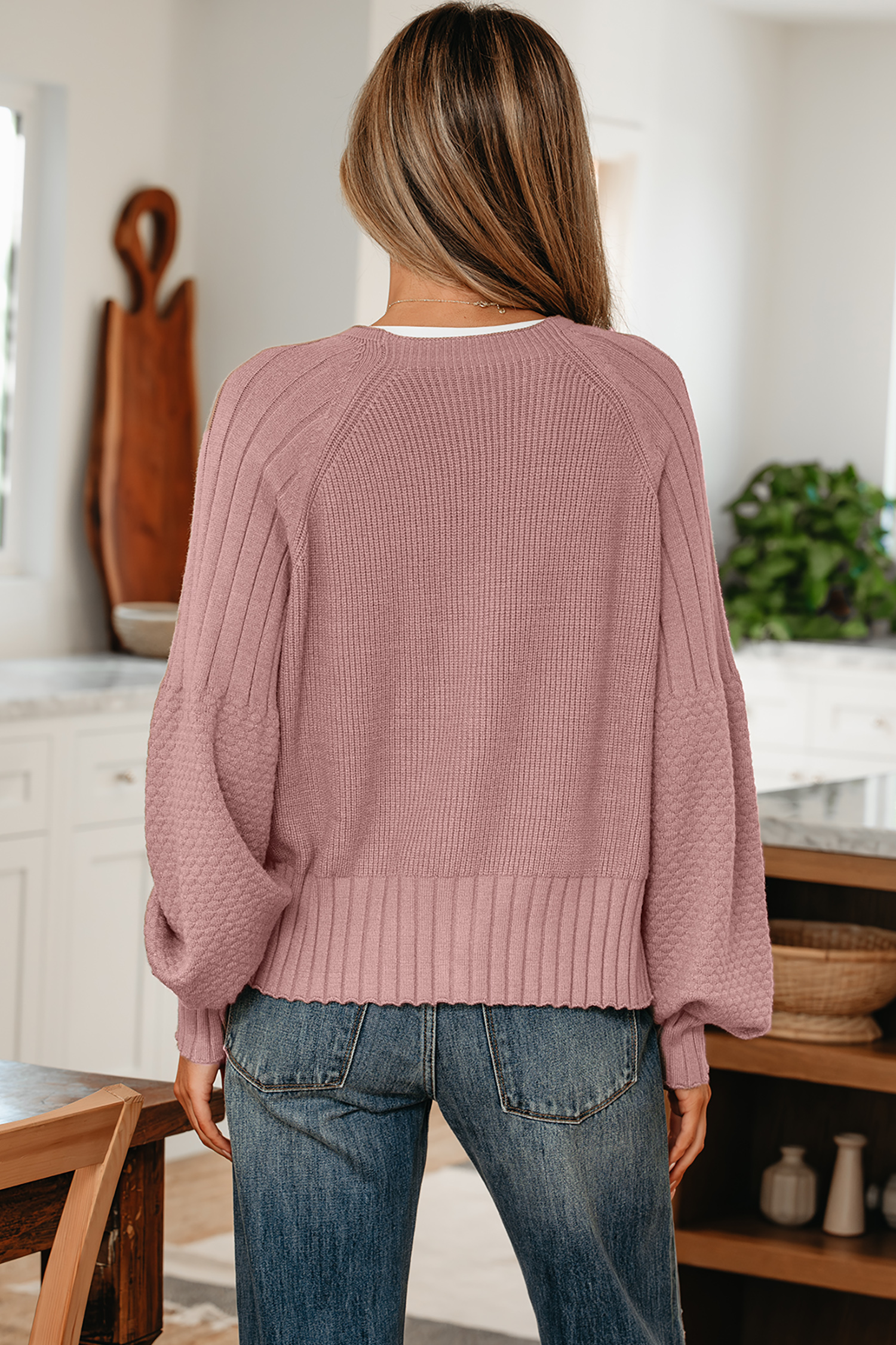 Light Pink Mixed Texture Knit Button V Neck Sweater Cardigan - loveforevers