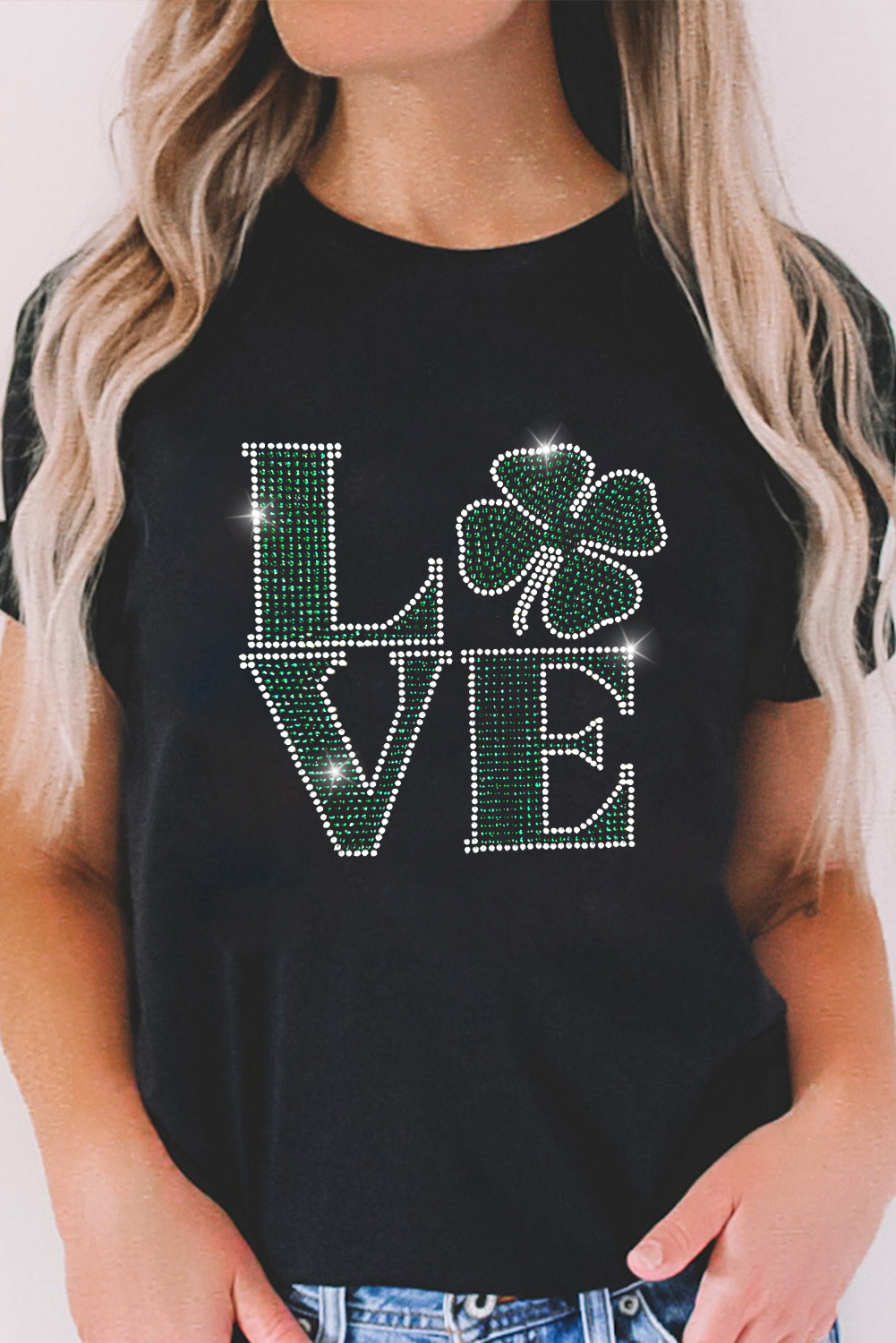 Black Clover LOVE Rhinestone Graphic St Patricks Day T Shirt - loveforevers
