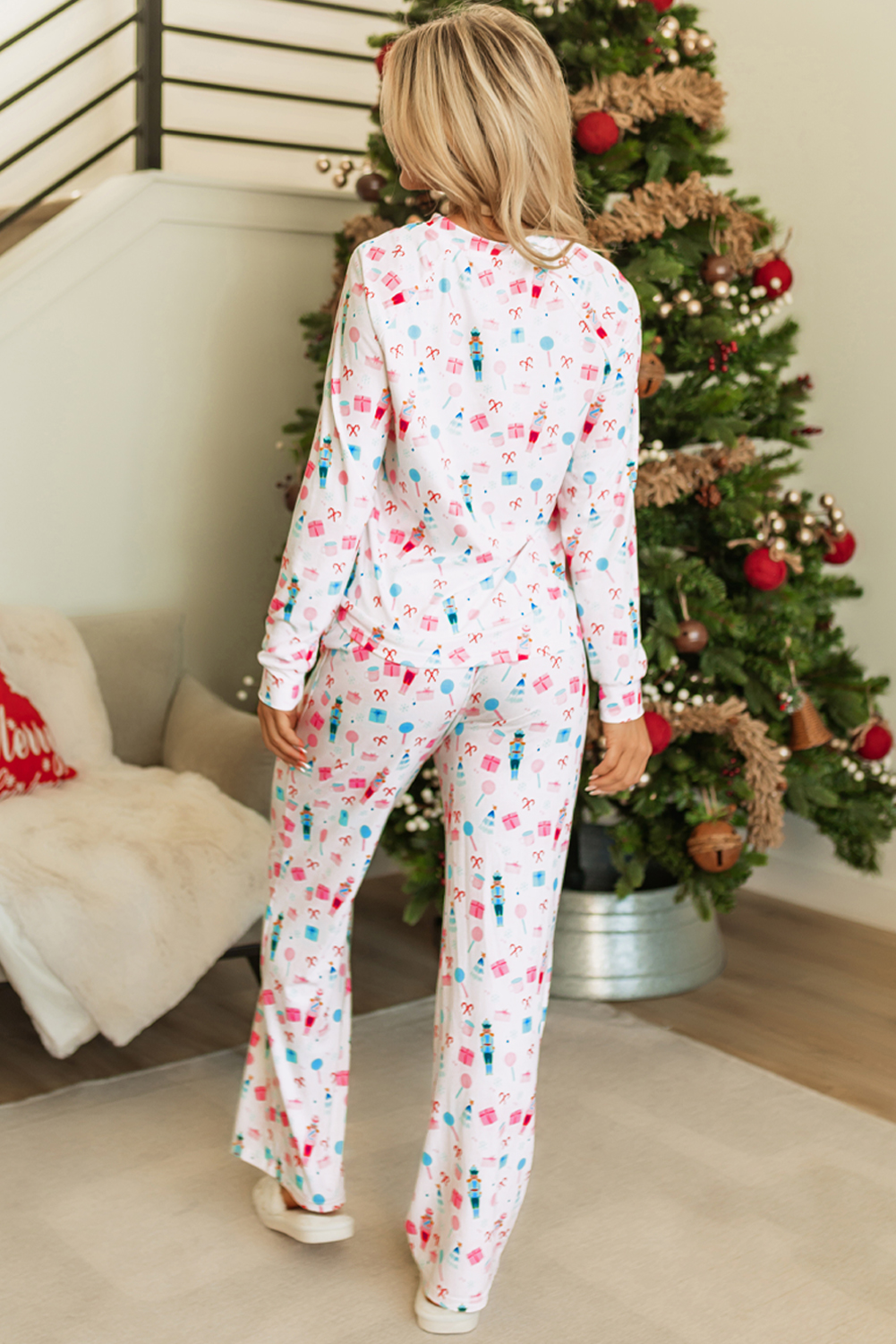 White Christmas Pattern Long Sleeve Top and Wide Leg Pants Set - loveforevers