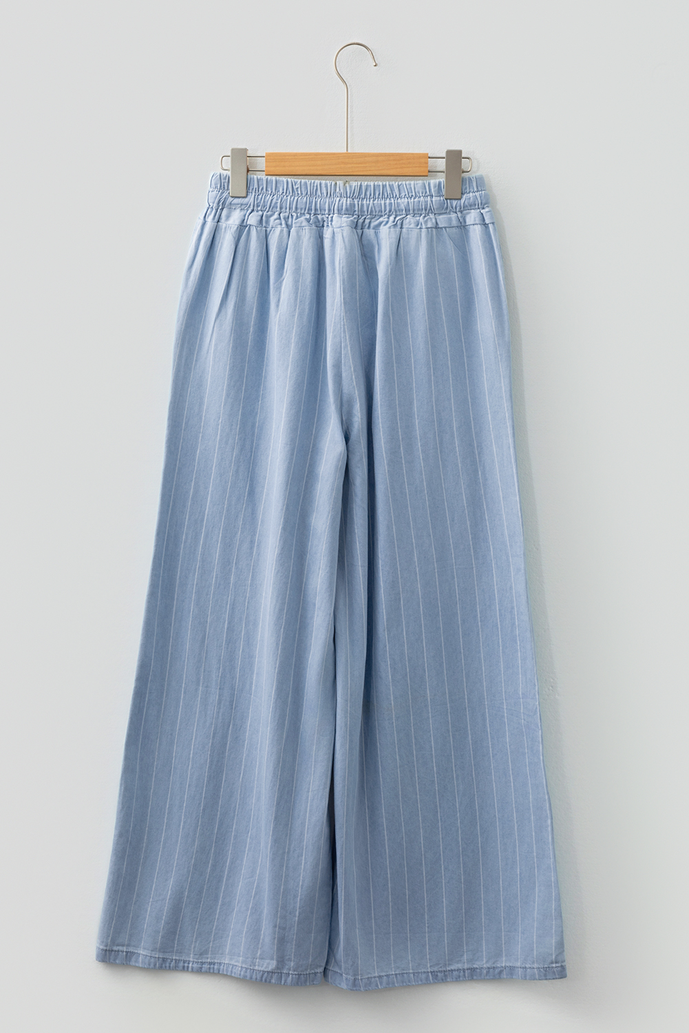 Blue Stripe Chambray Wide Leg Tied Elastic Waist Trousers - loveforevers