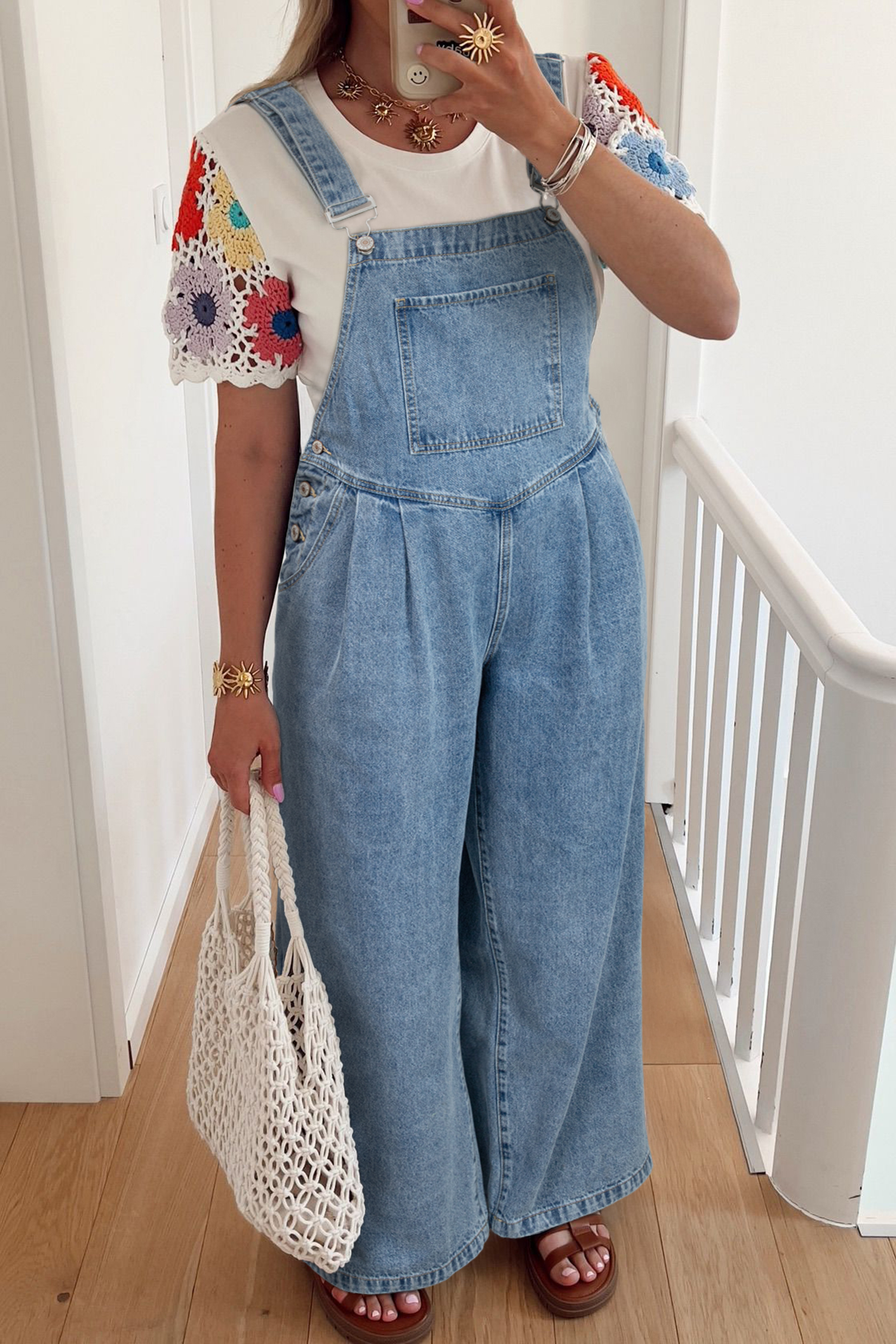 Dusk Blue Pleated Wide Leg Retro Pocketed Denim Jumpsuit - loveforevers