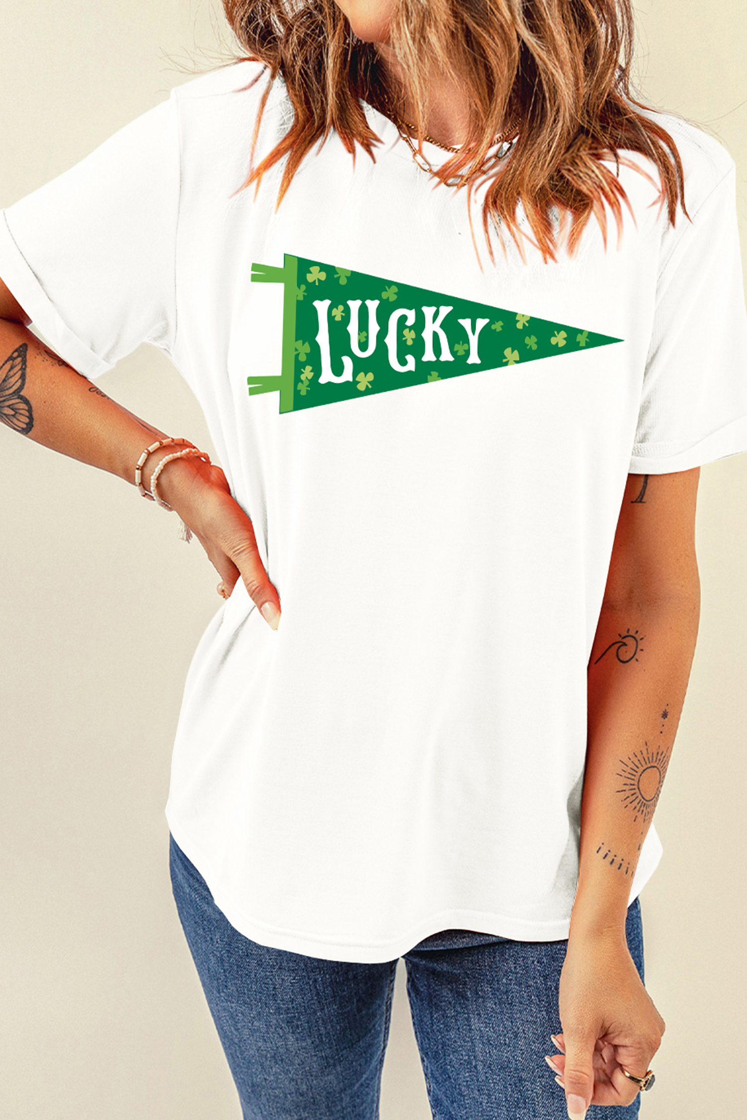 White LUCKY Clover Pennant St Patricks Day T Shirt - loveforevers