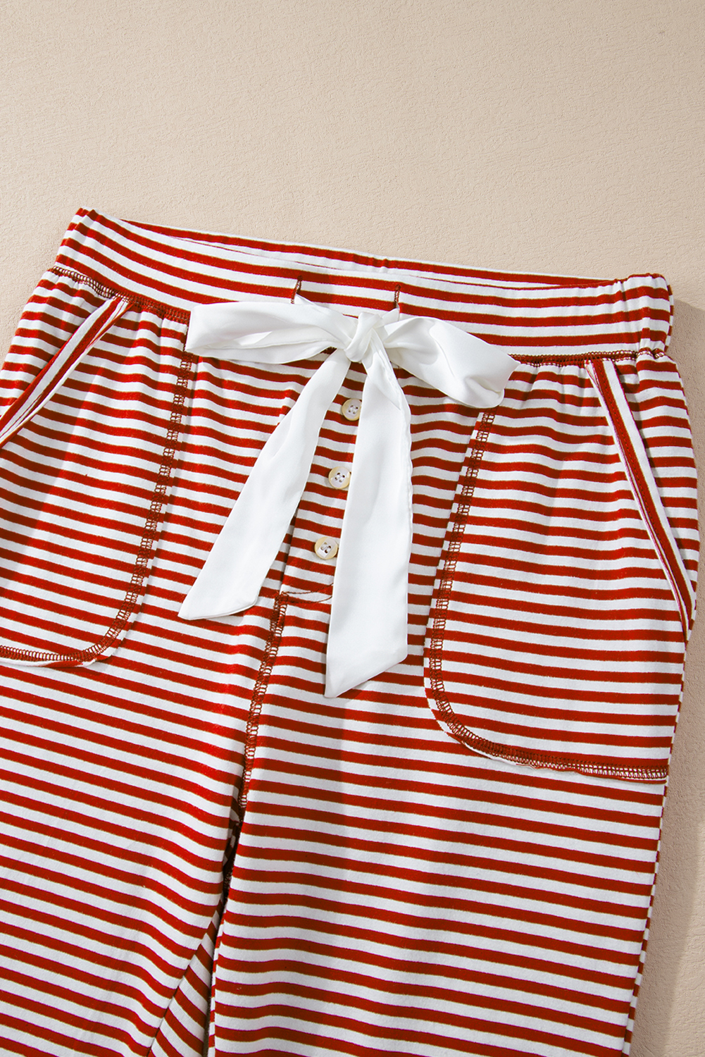 Red Stripe Buttoned V Neck Top and Knotted Waist Pants Lounge Set - loveforevers