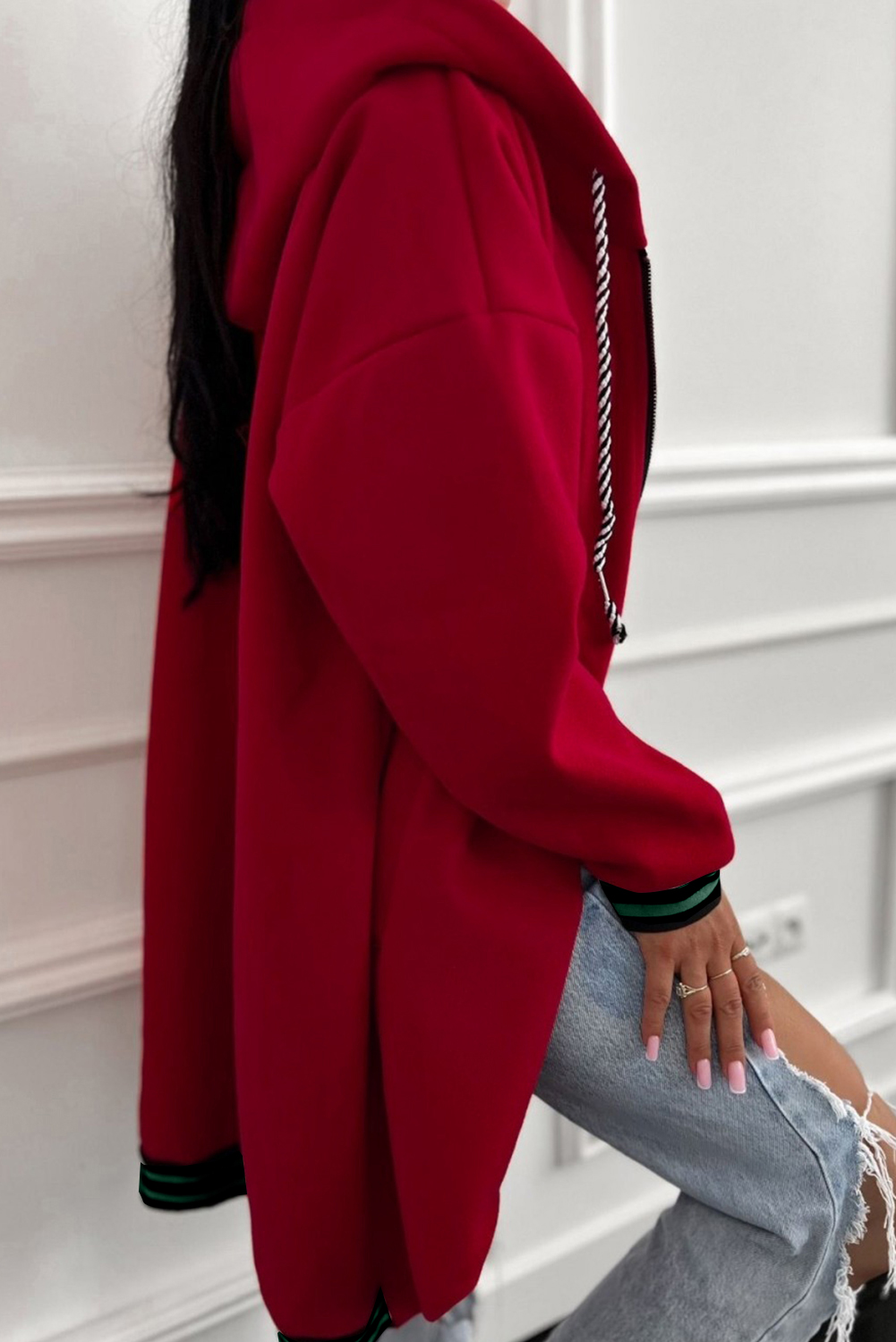 Racing Red Contrast Cuffed Drop Shoulder Zip up Tunic Hoodie - loveforevers
