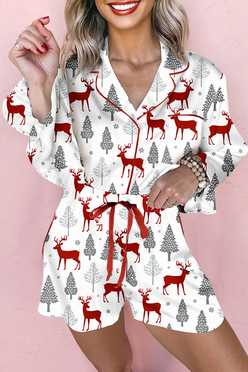 White Christmas Fashion Print Velvet Trim Bow Knot Pajama 2pcs Short Set - loveforevers