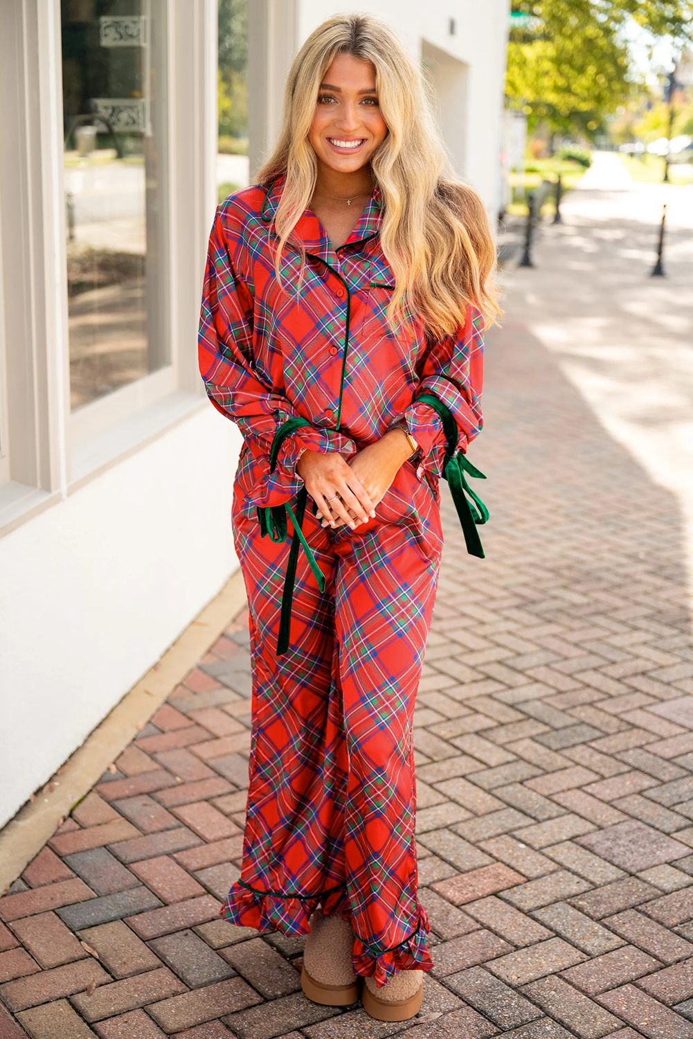 Fiery Red Christmas Plaid Satin Pajama Set with Contrast Velvet Ties - loveforevers