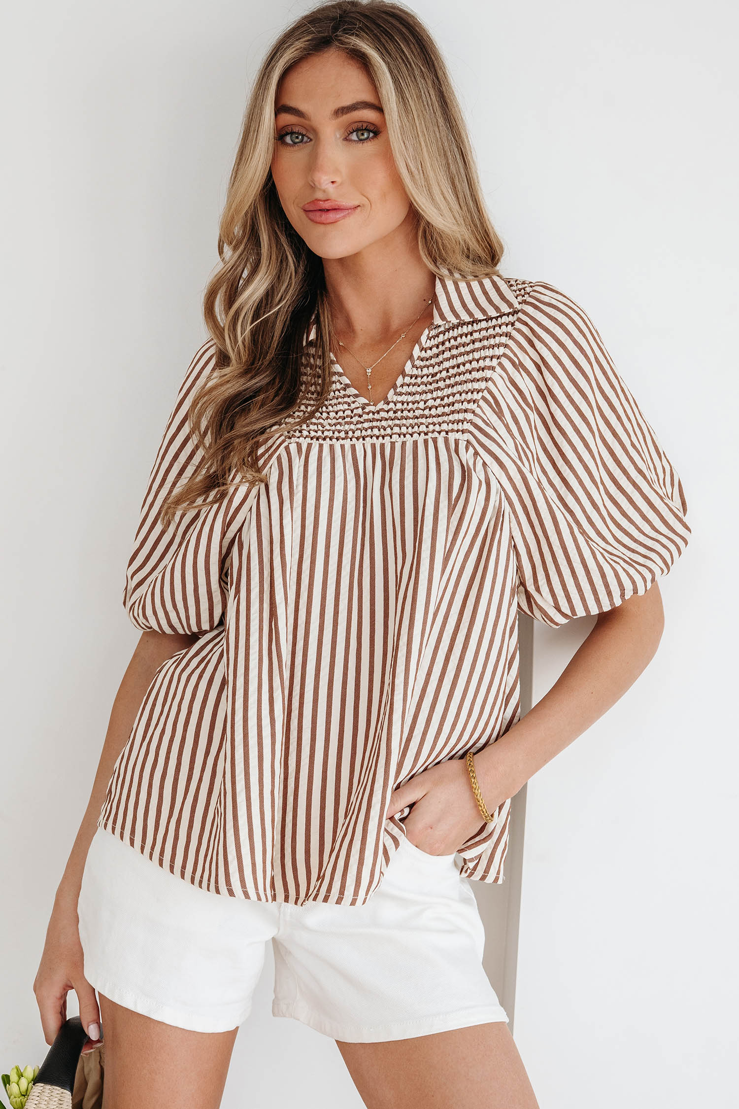 Brown Stripe Shirred V Neck Short Puff Sleeve Blouse - loveforevers