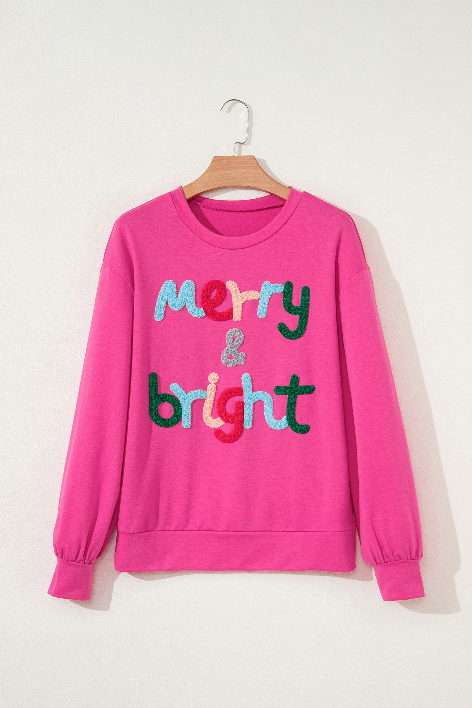 Rose Red Merry & Bright Christmas Letter Graphic Sweatshirt - loveforevers
