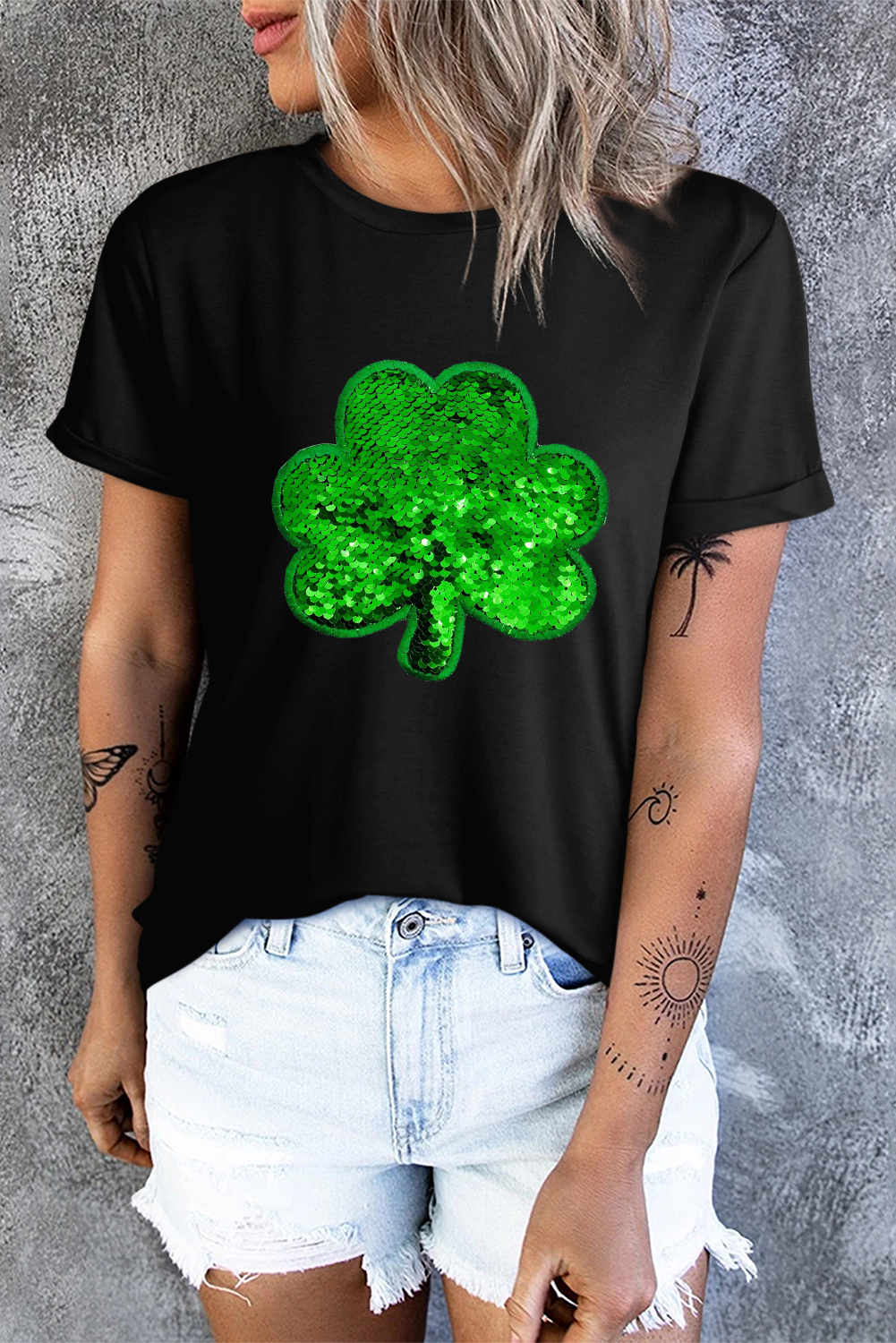 Black St. Patricks Lucky Clover Print O Neck T Shirt - loveforevers